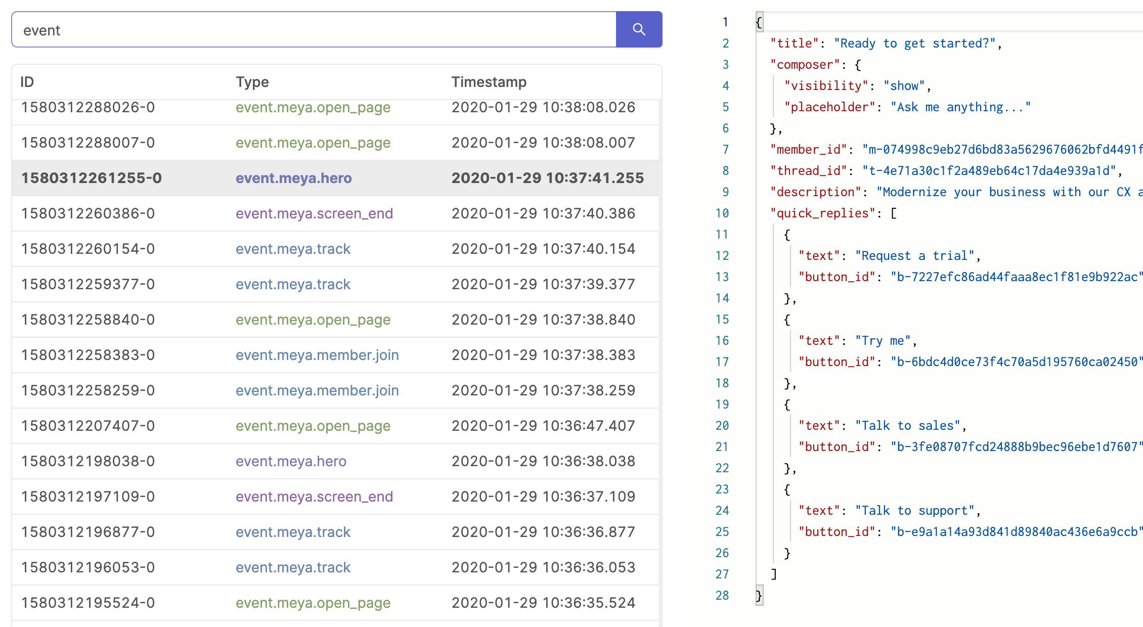 List of event logs with json payloads