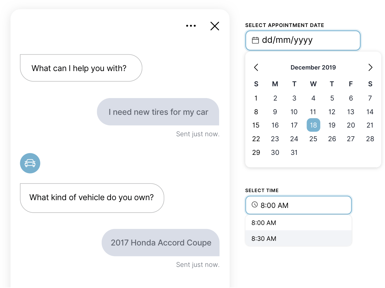 UI elements with calendar and chat questions