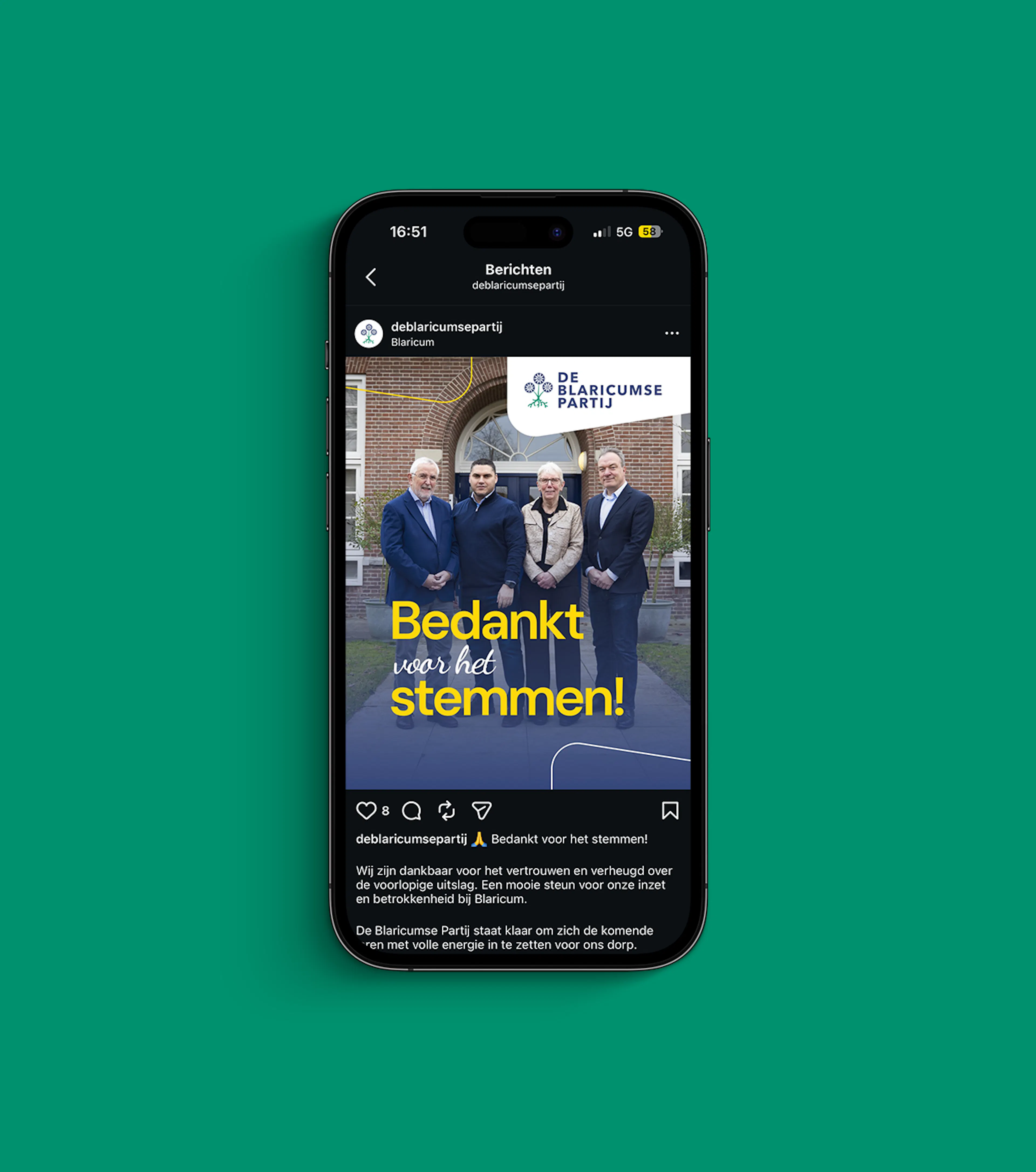 Iphone met social post van Blaricumse Partij