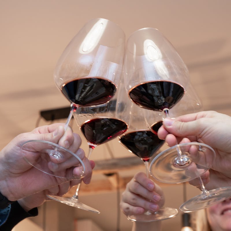 Leute stoßen mit Rotwein an
