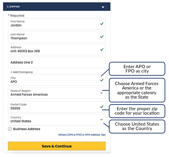 Screen shot of how to ship to a military base on militaryframes.com check out. 


1. Select United States as the Country

2. Enter APO or FPO as the City

3. Choose Armed Forces Americas or the appropriate category as the State

4. Enter the proper Zip Code for your location