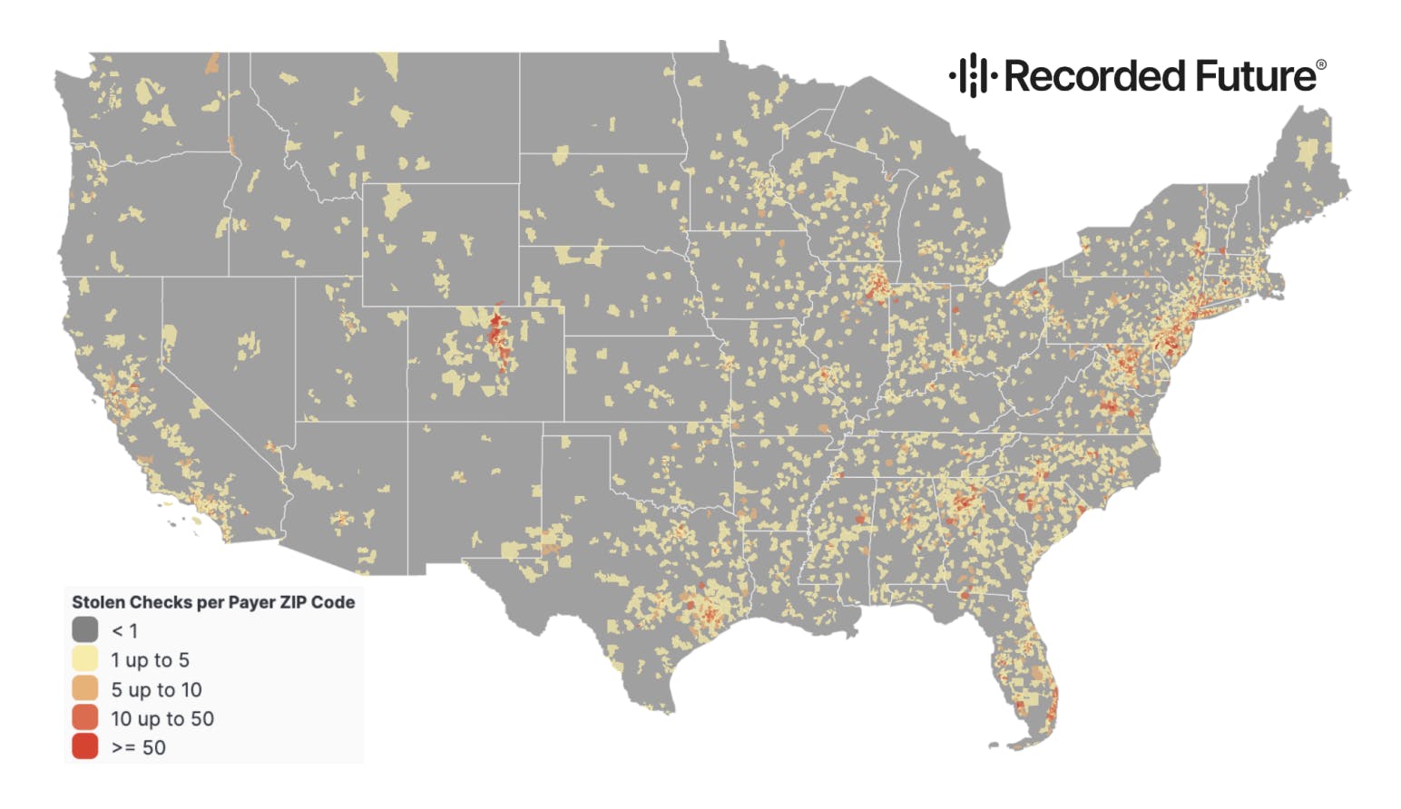 Recorded Future, the geographic distribution of check fraud