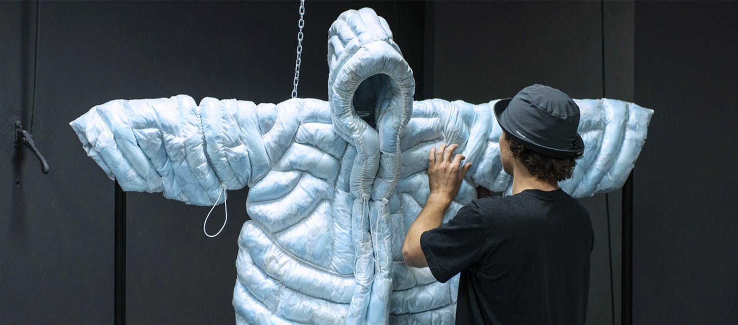 tobia zambotti presents coat-19, a puffer jacket filled with used