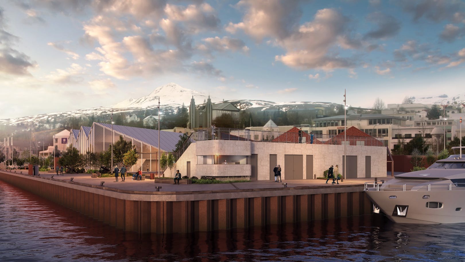Tölvuteiknuð mynd af höfn og hafnarbakka