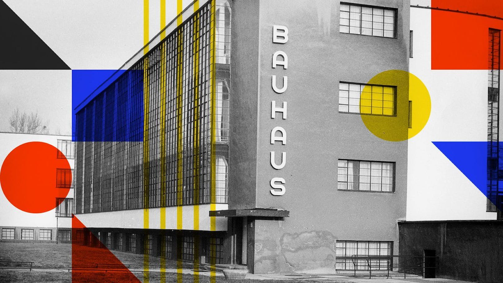 Mynd af Bauhaus byggingunni með grafískum áherslum ofan á mynd