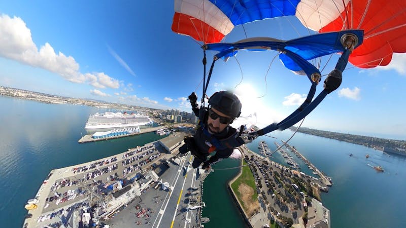 Skydiver preparing to land on Midway flight deck