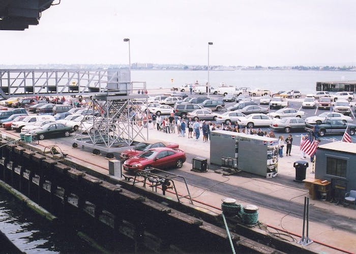 Line of visitors waiting to board Midway in 2004