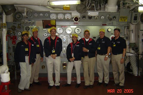 Docents in the Engine room the night before opening in 2005.