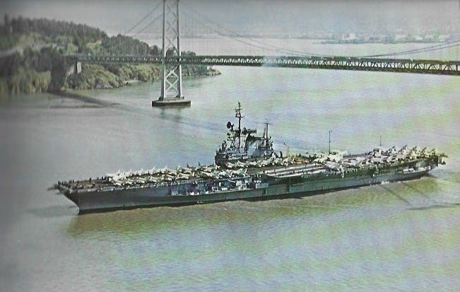The Midway seen departing for her first combat cruise in March 1965.
