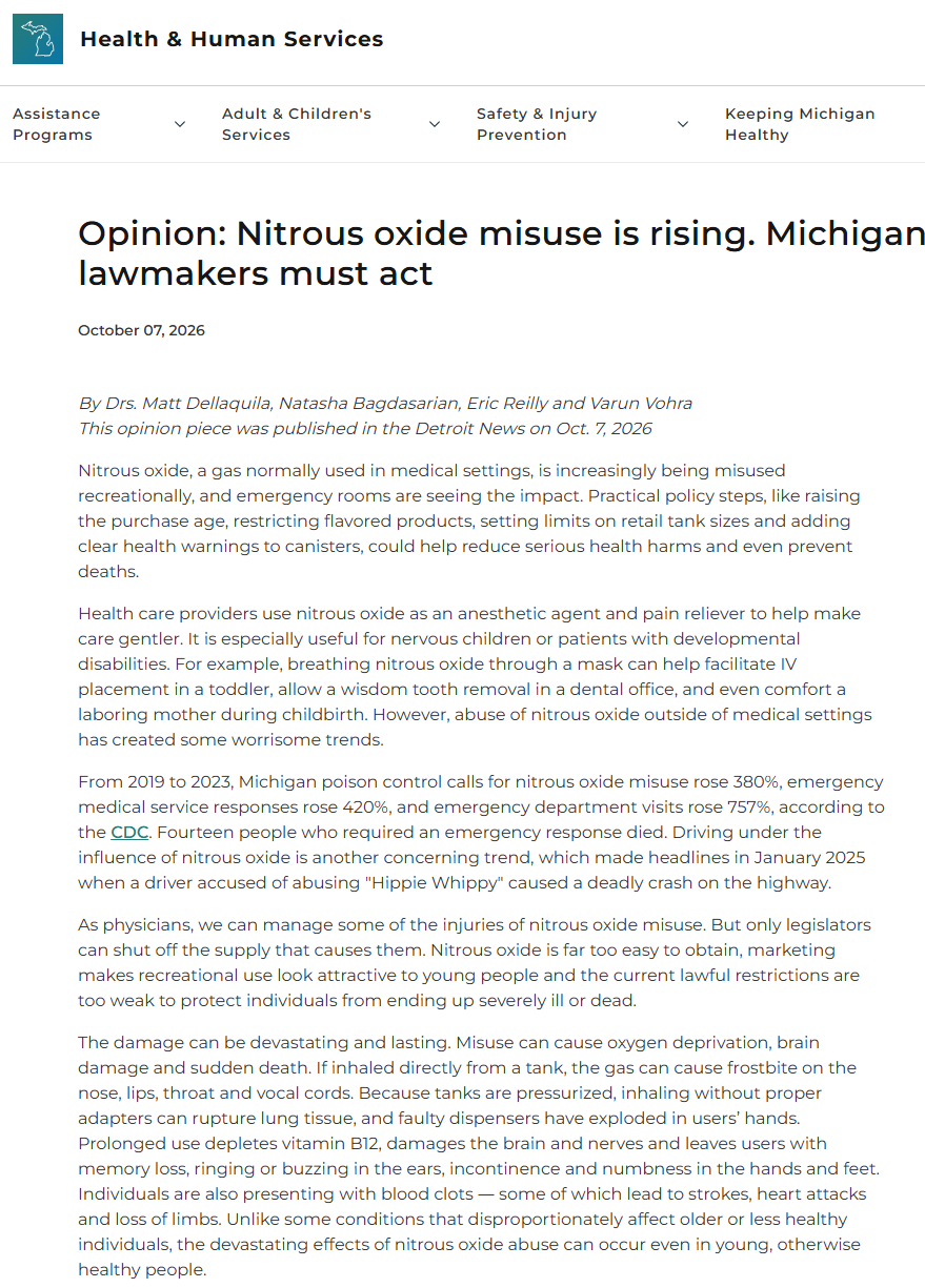 Opinion: Nitrous oxide misuse is rising. Michigan lawmakers must act.