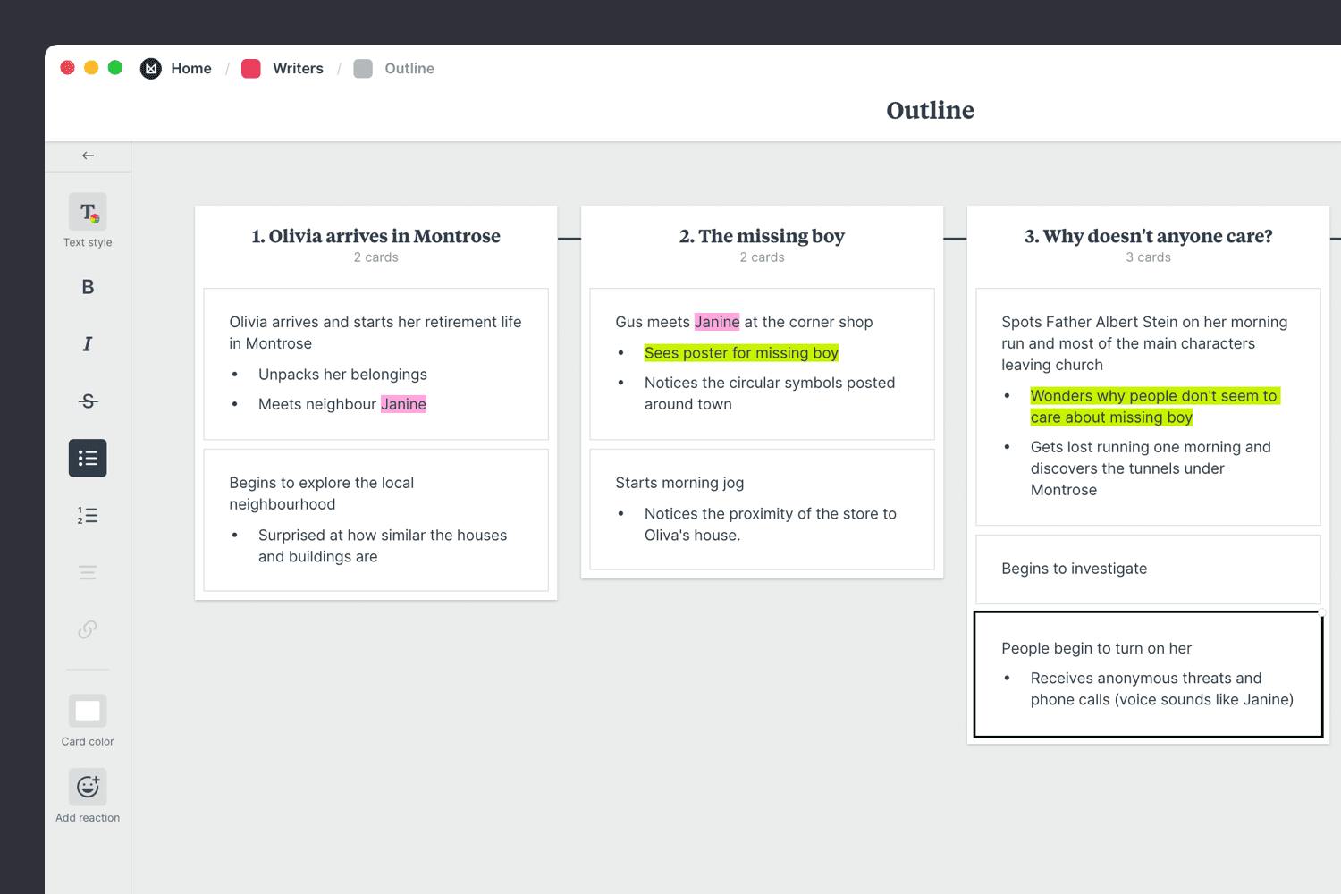 Key events in a novel outline