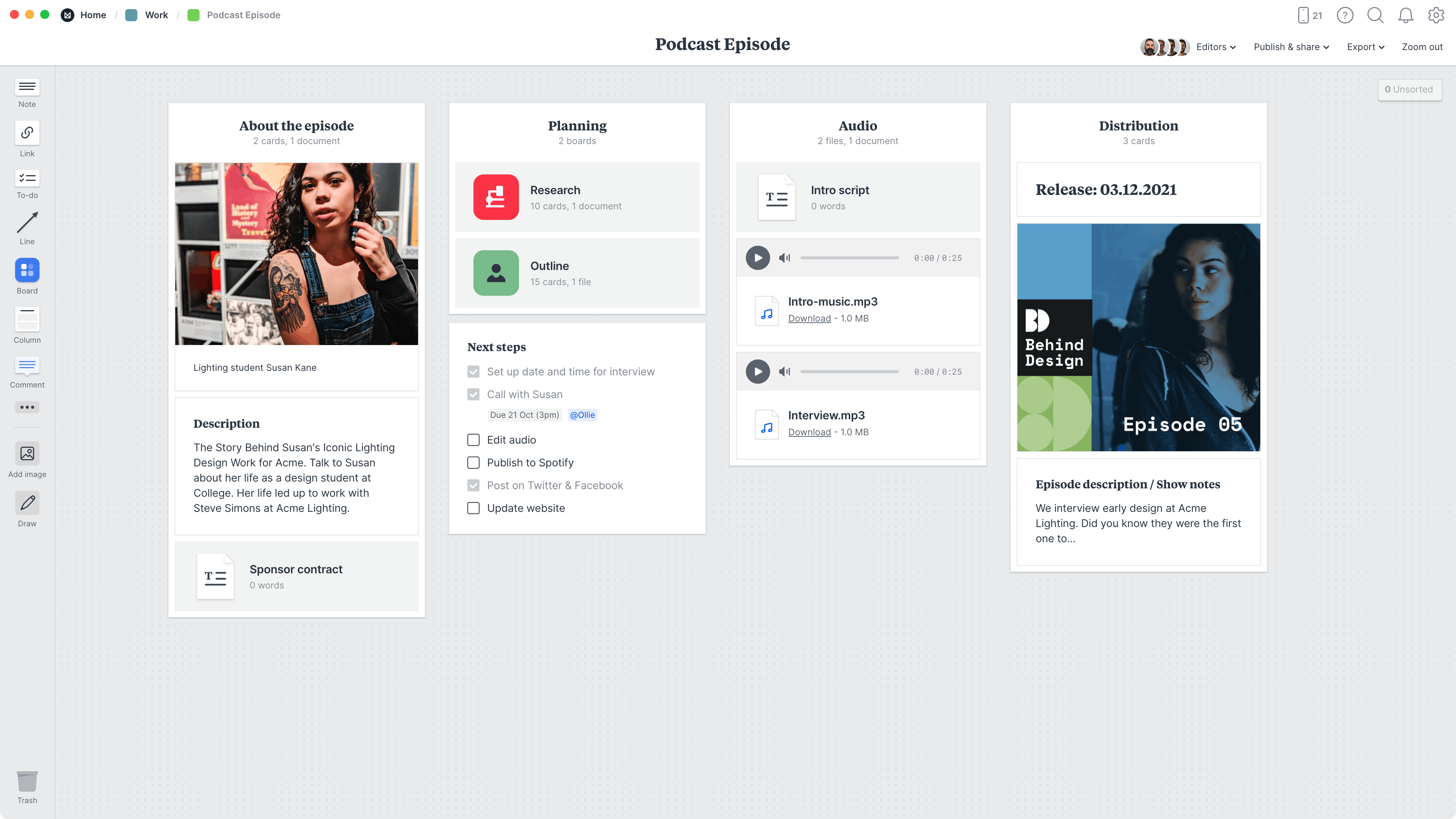 Podcast Episode Plan Template, within the Milanote app