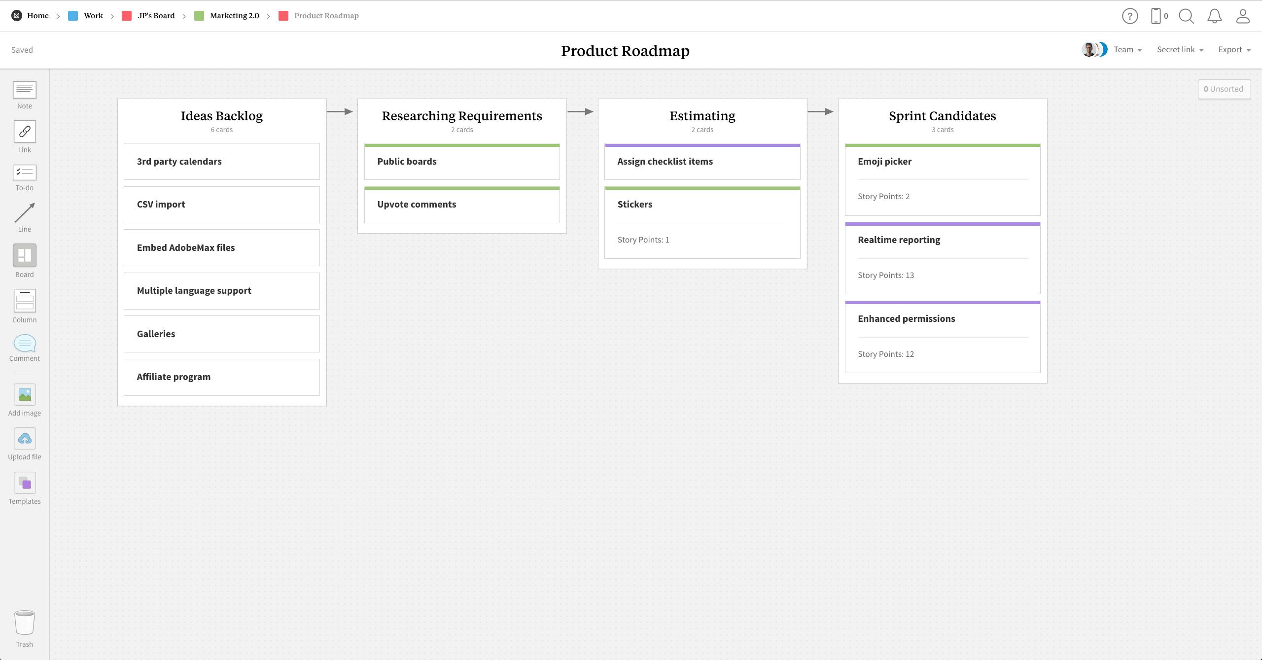 Completed Product Roadmap template in Milanote app