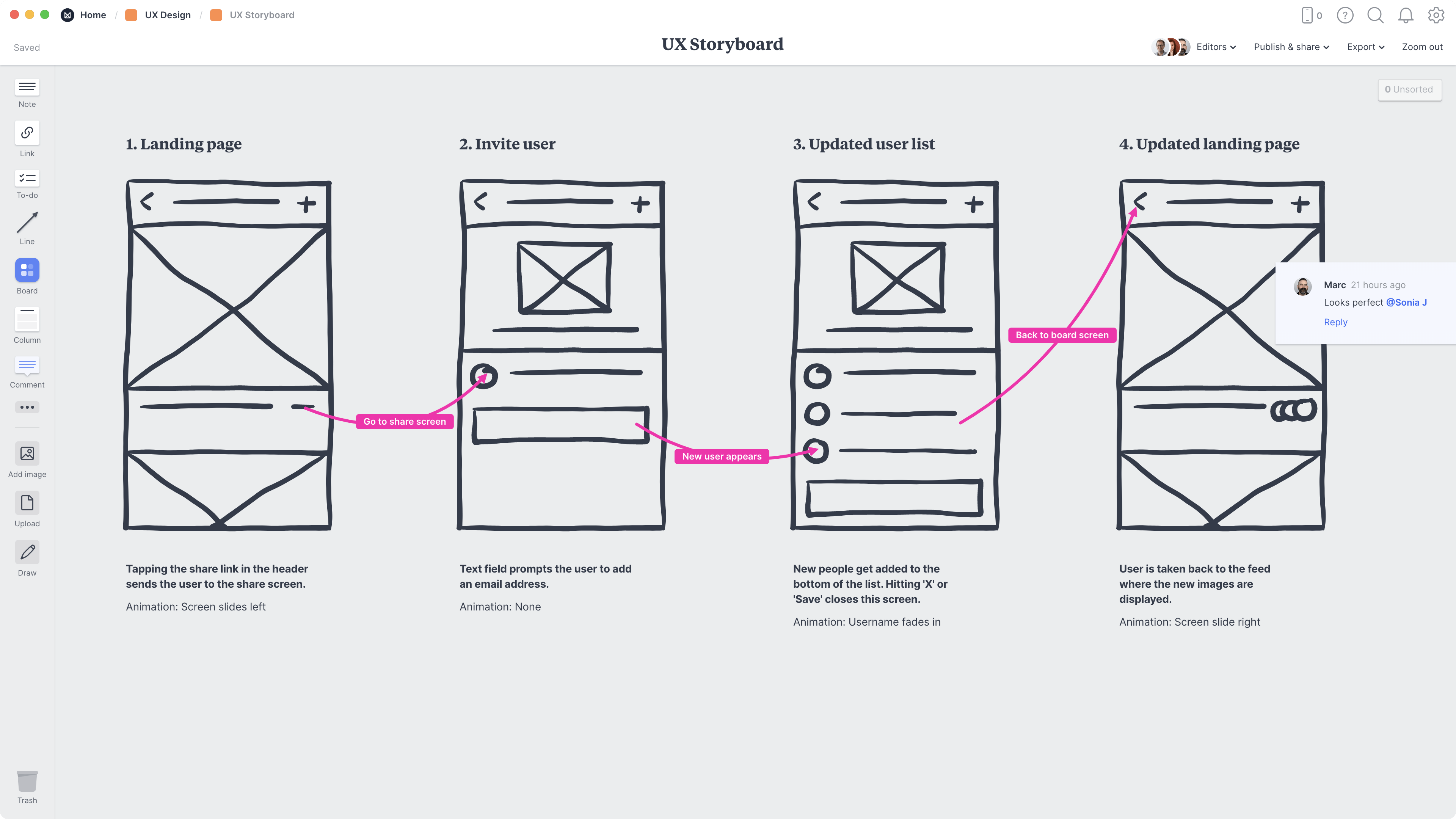 UX Storyboard Template, within the Milanote app