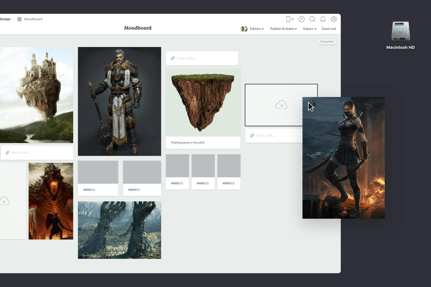 Adding images to a game design moodboard template