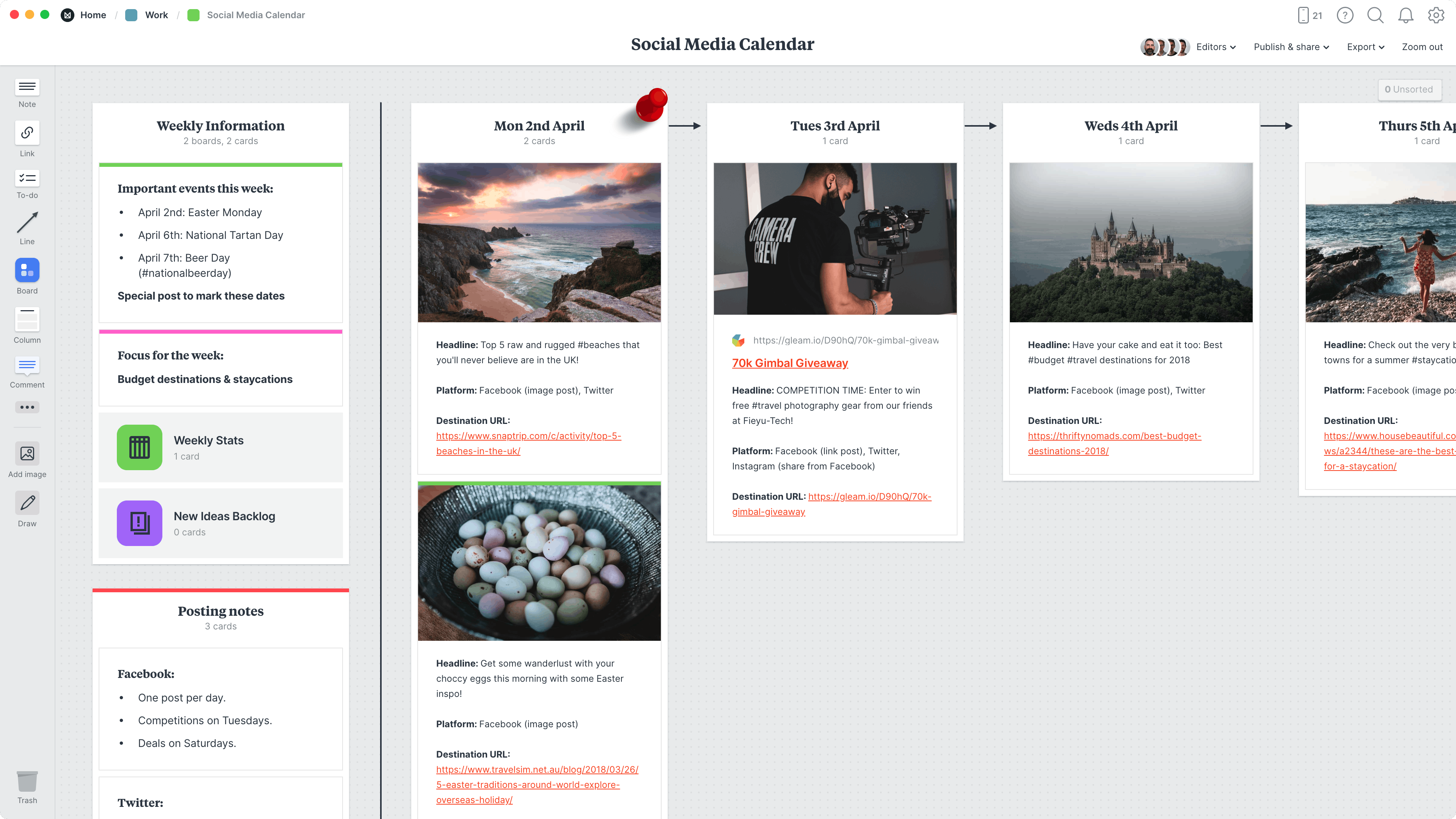 writing a market research brief Social Media Calendar Template, within the Milanote app
