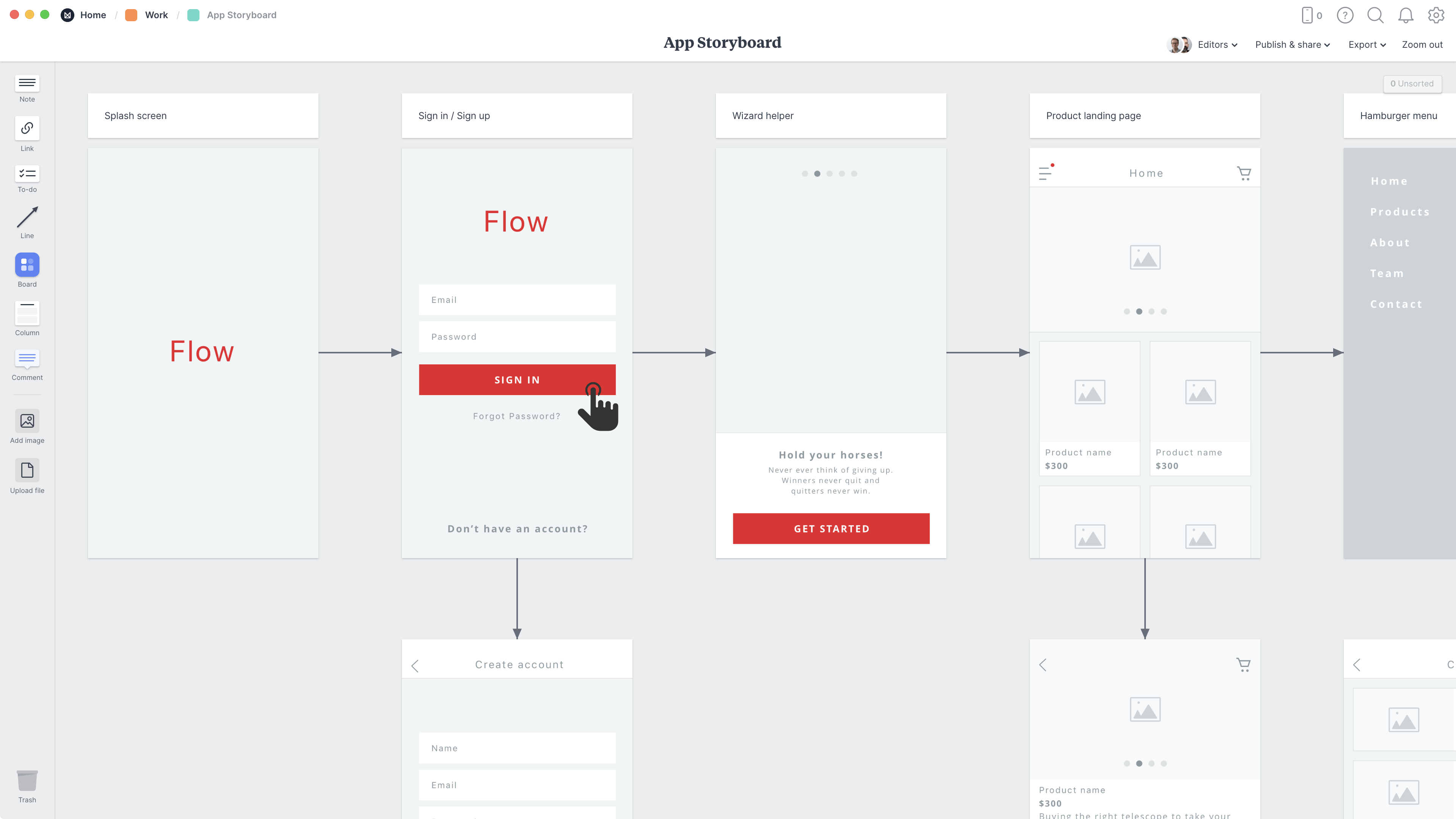 App Storyboard Template, within the Milanote app