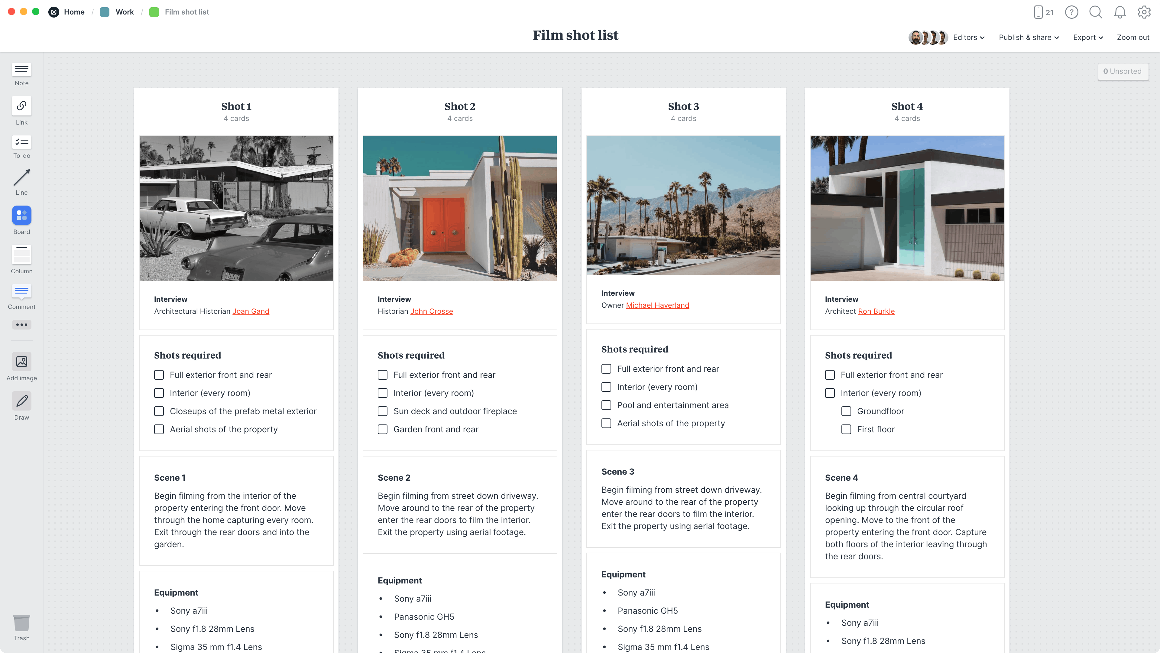 Film Shot List Template, within the Milanote app