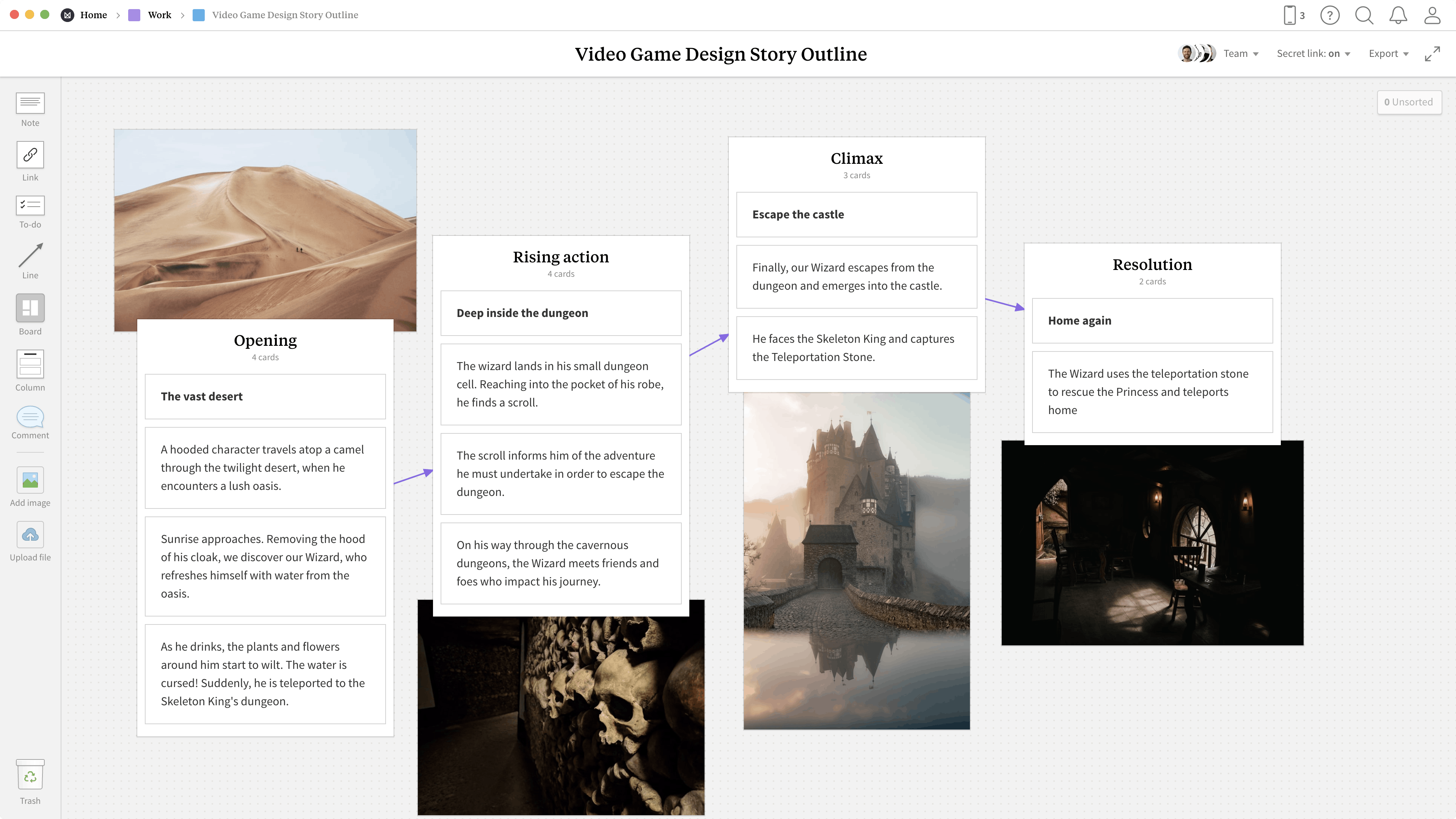 Game Design Story Outline Template, within the Milanote app