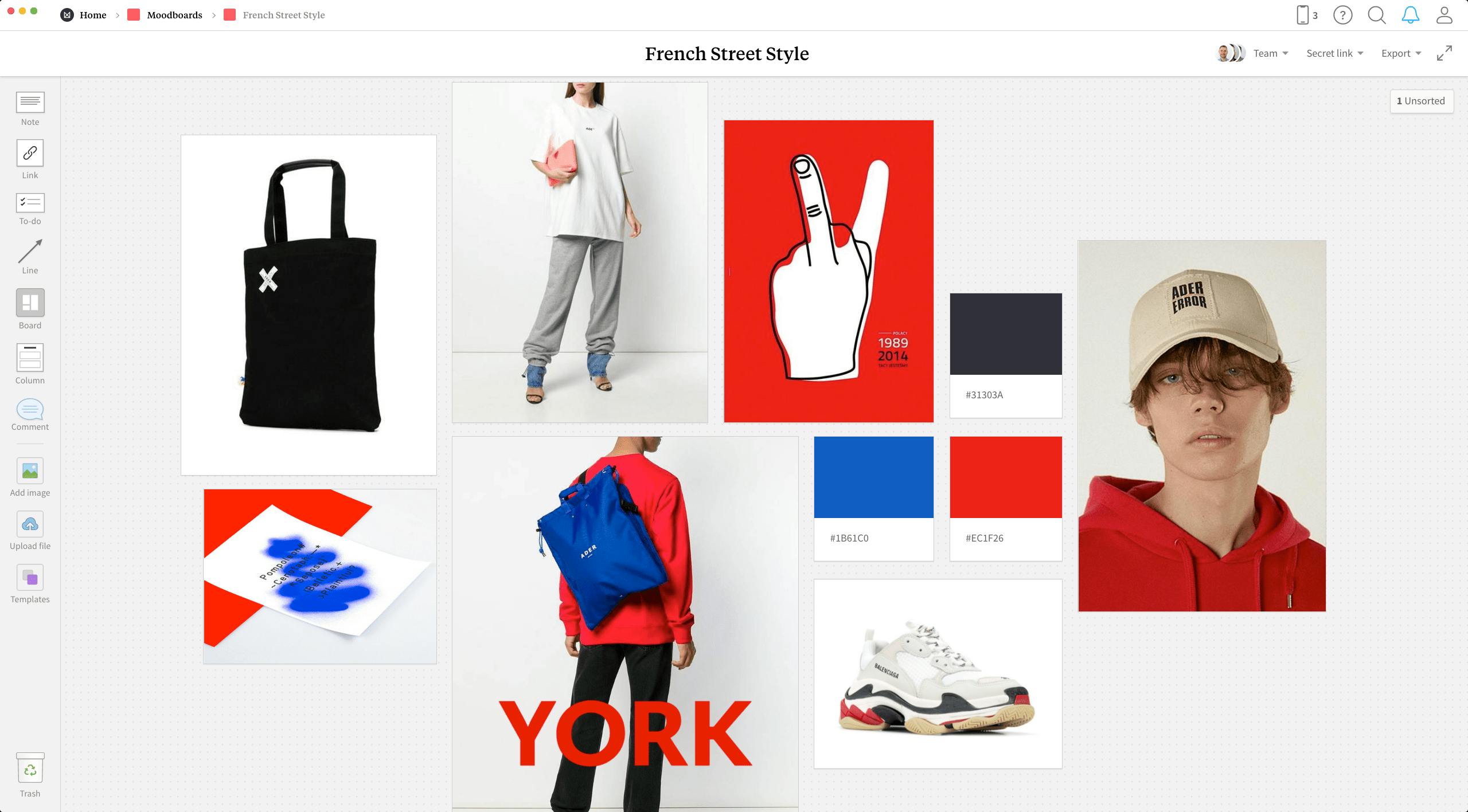 Completed Fashion Moodboard template in Milanote app