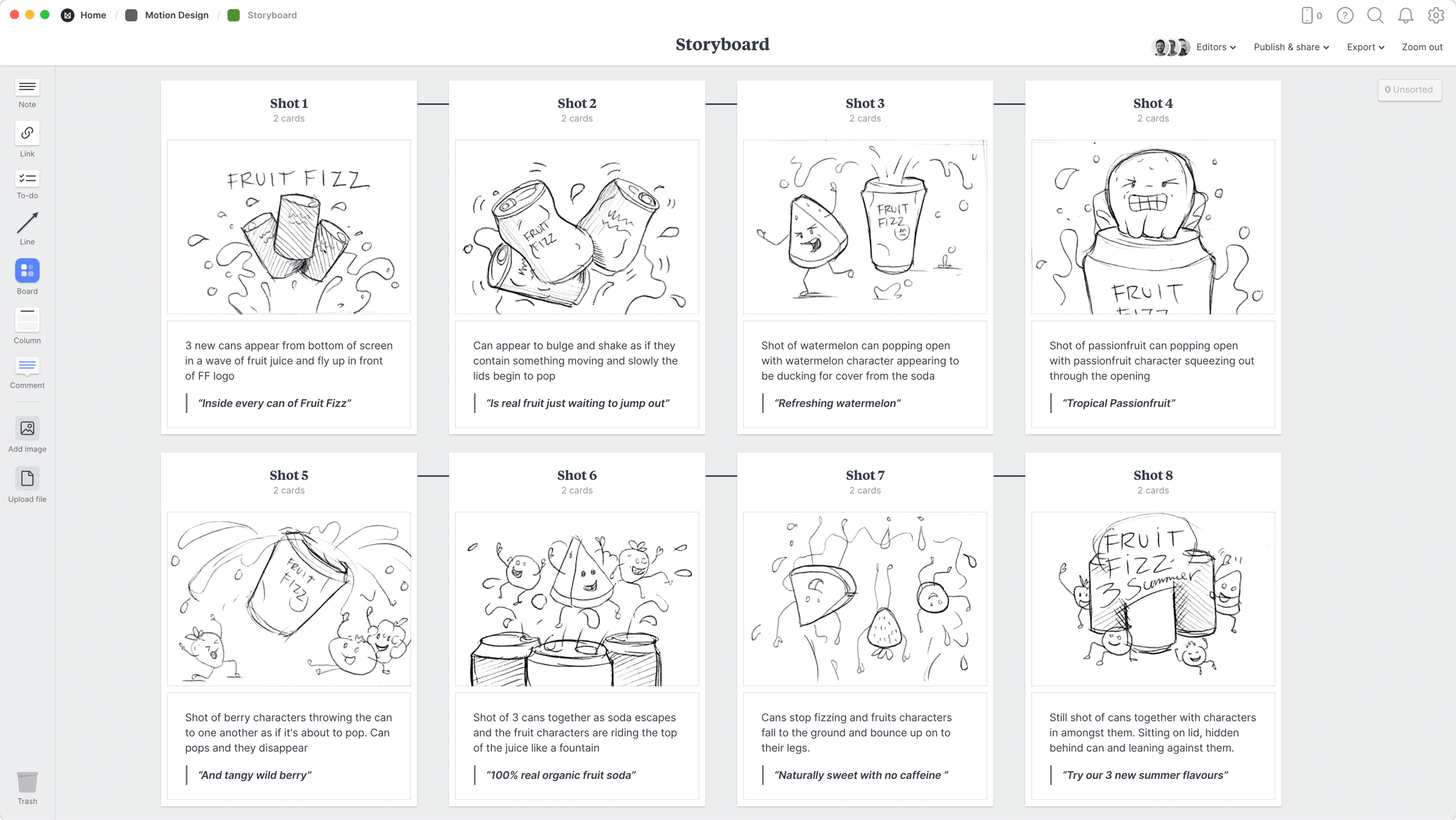 Motion Design Storyboard Template, within the Milanote app