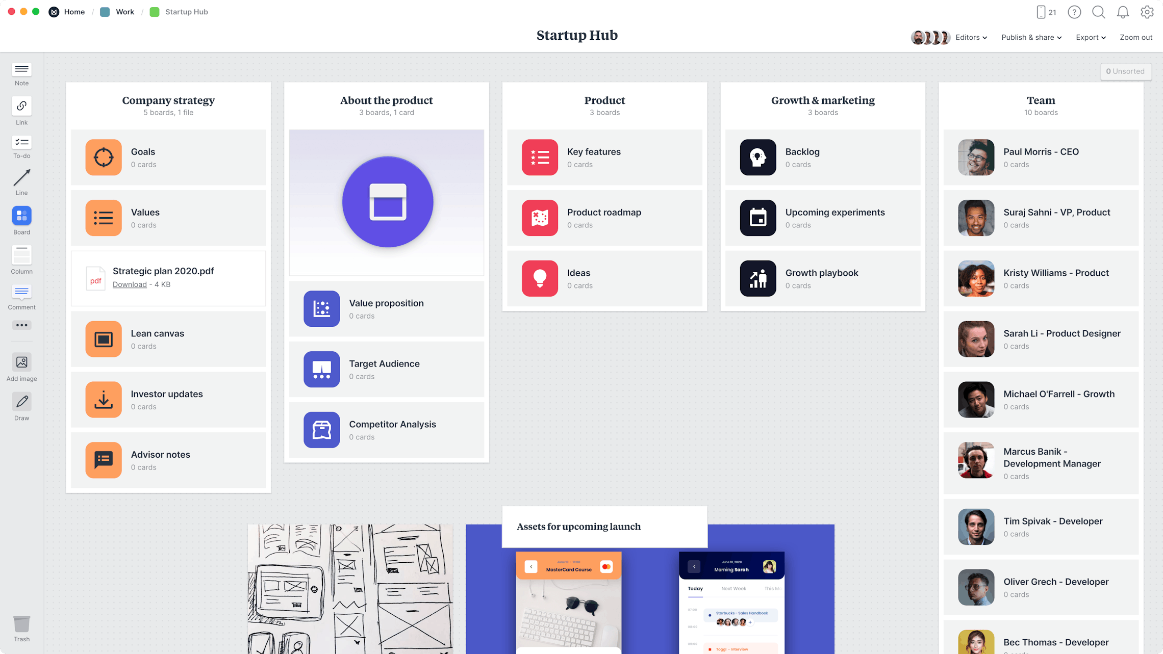 Startup Hub Template, within the Milanote app