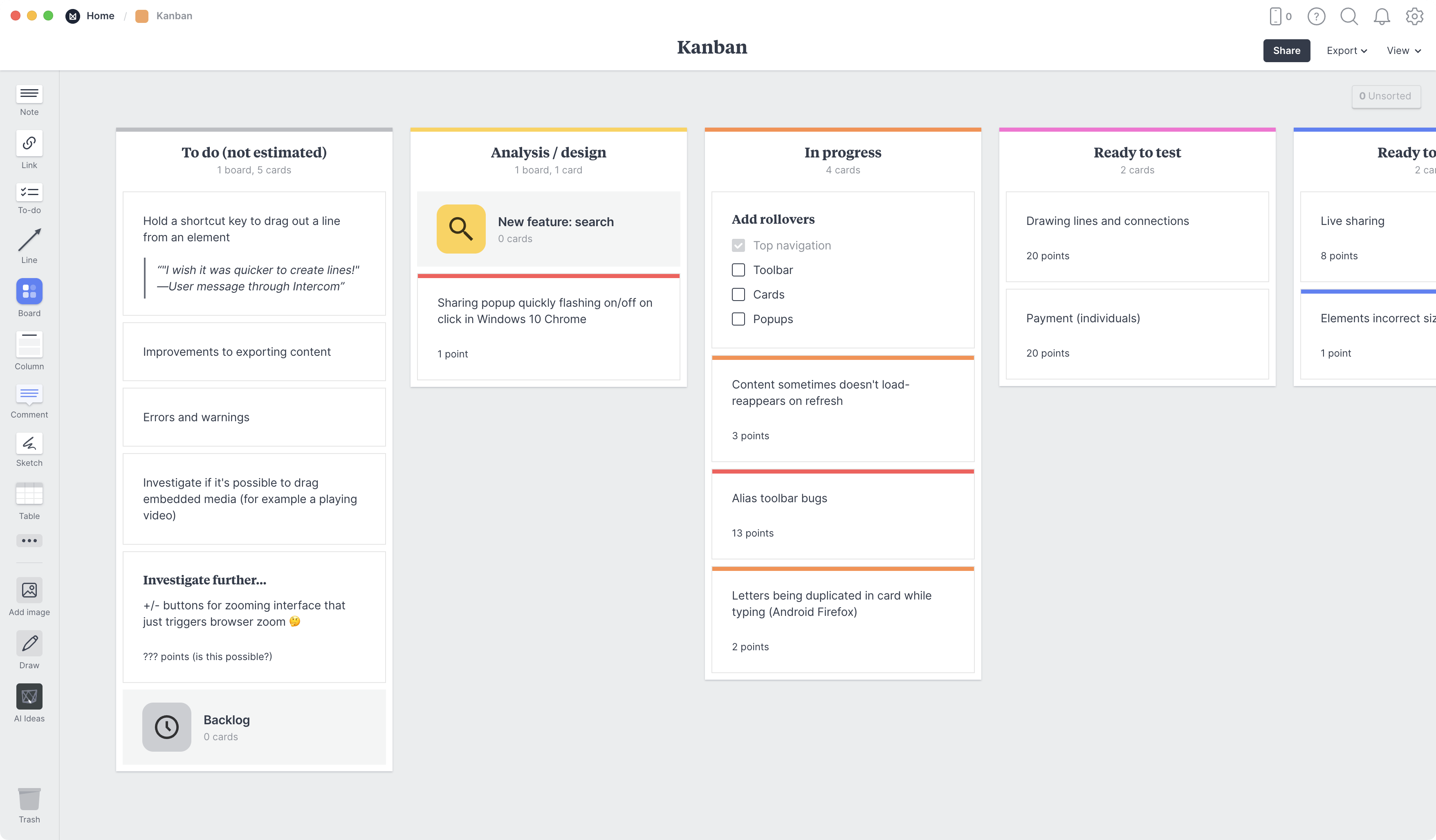 Kanban Board Template, within the Milanote app