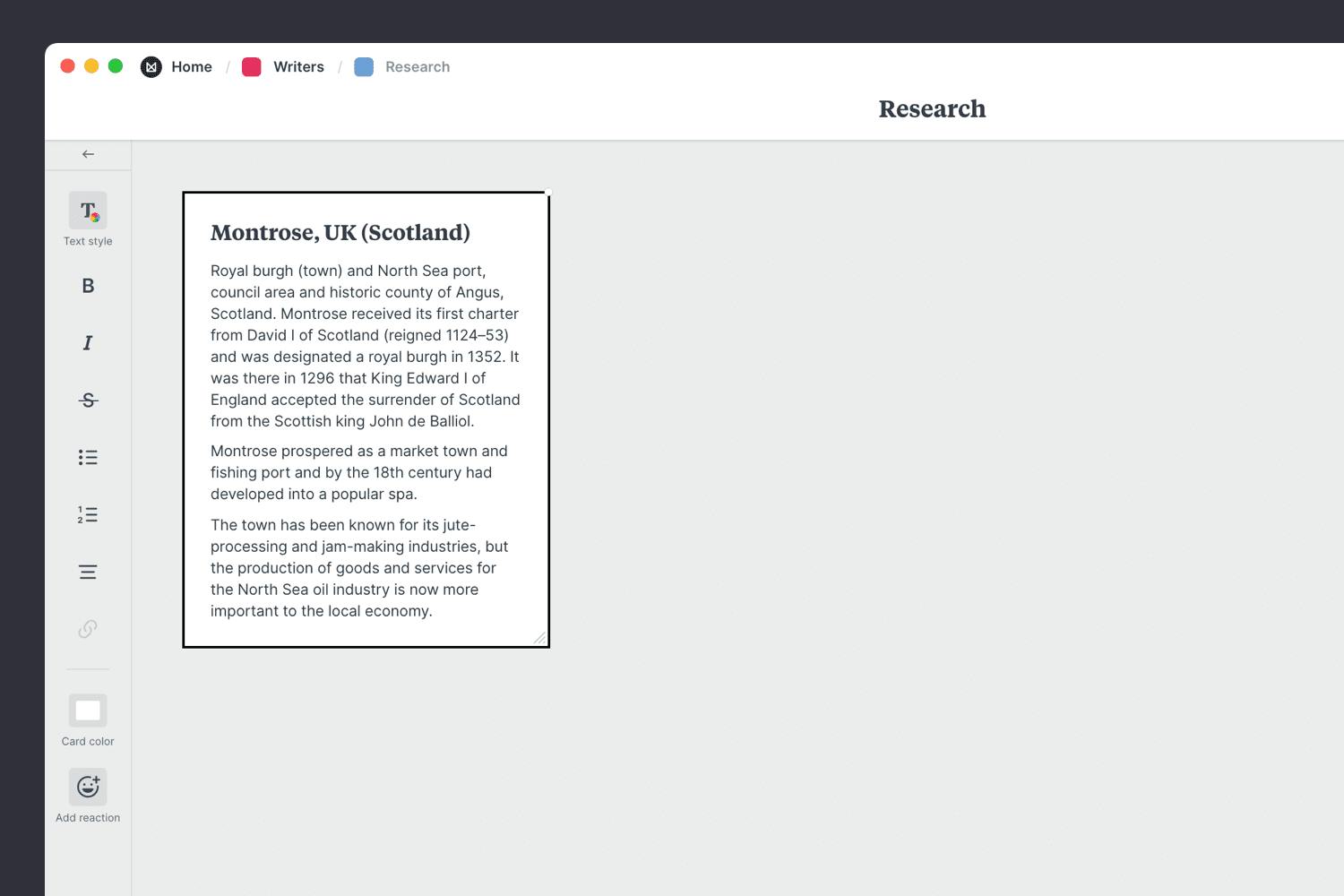 Novel research board with known facts