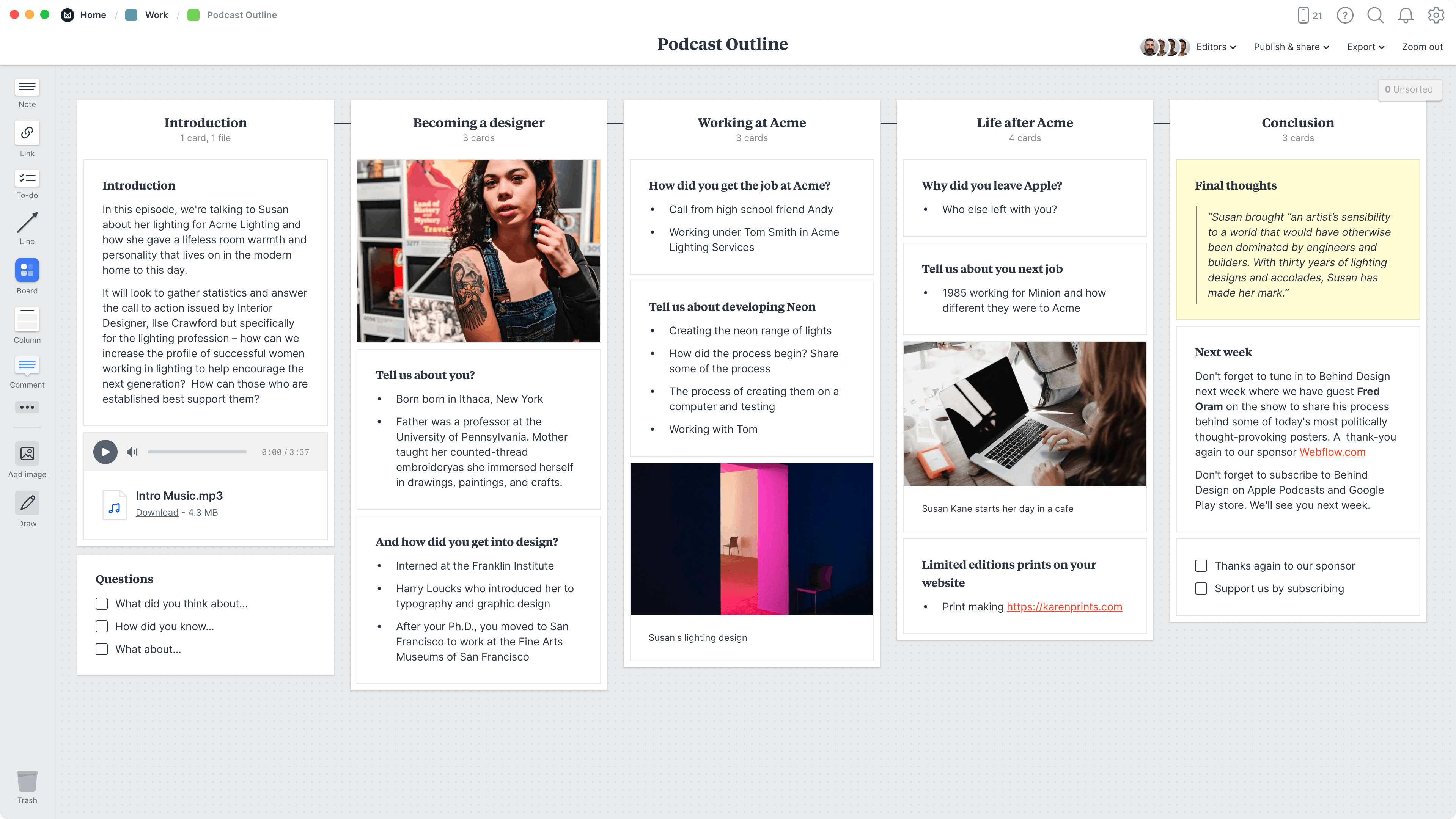 Podcast Outline Template, within the Milanote app