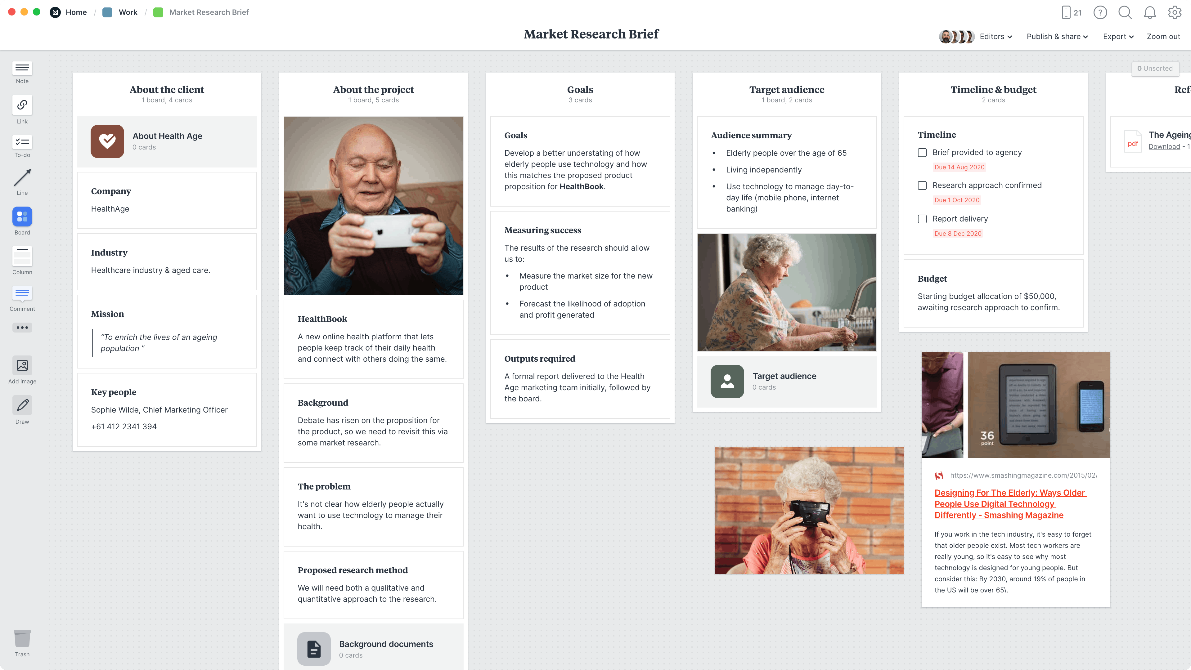 Market Research Brief Template, within the Milanote app