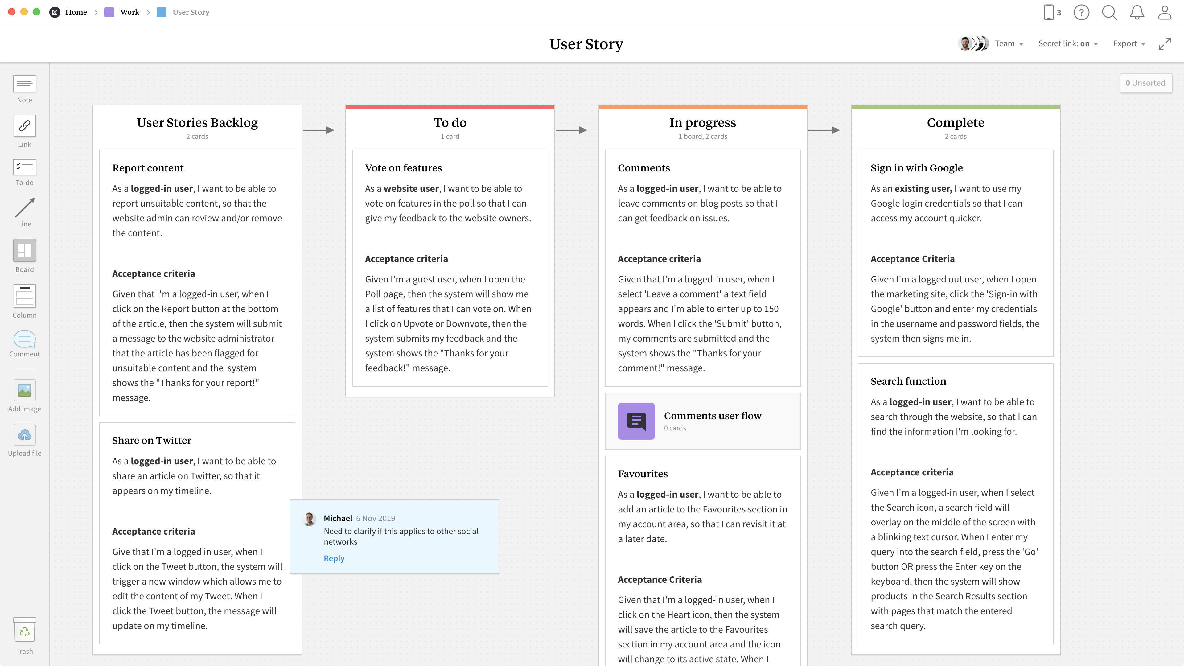 User Story Template, within the Milanote app