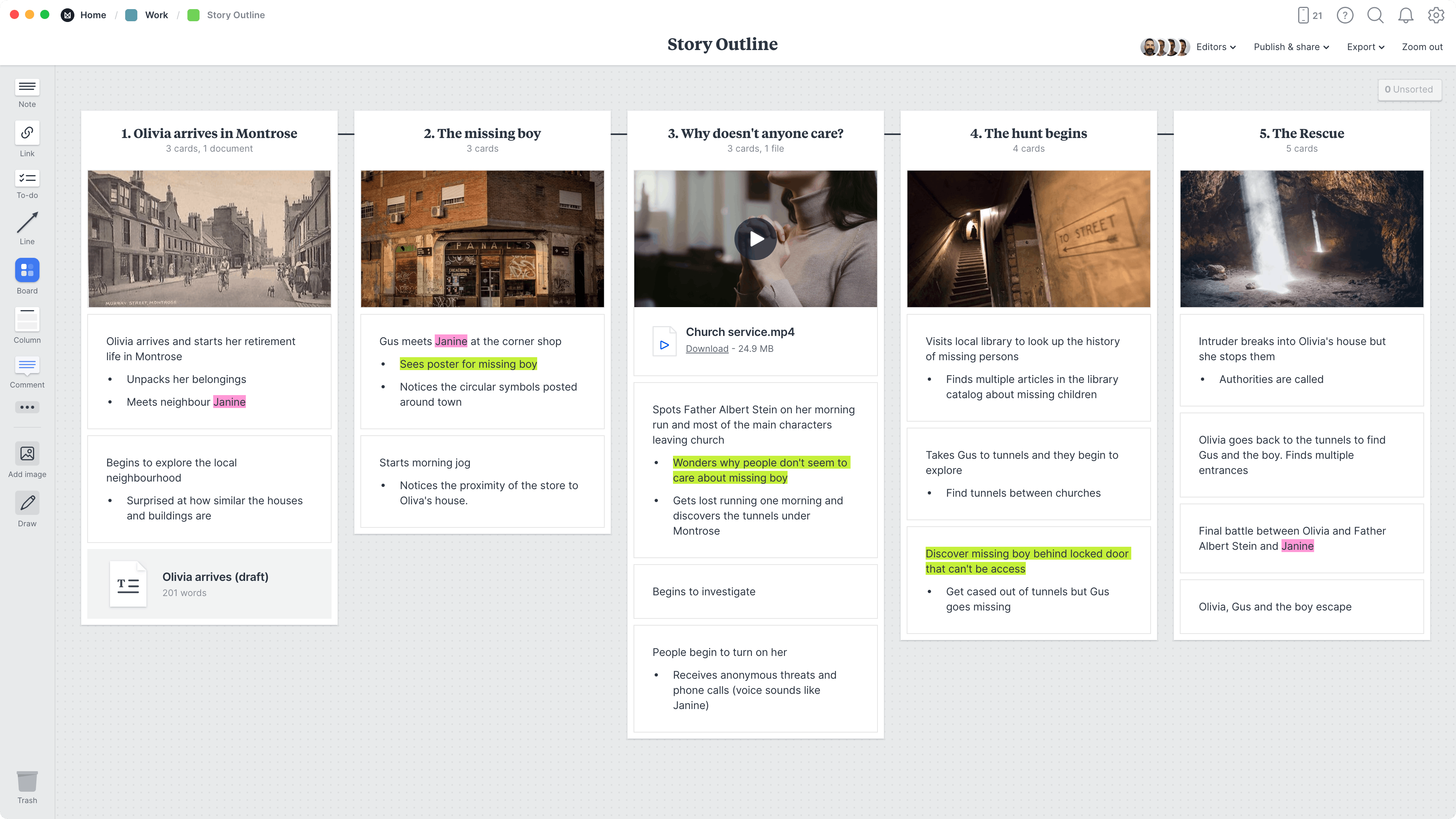 Story Outline Template, within the Milanote app