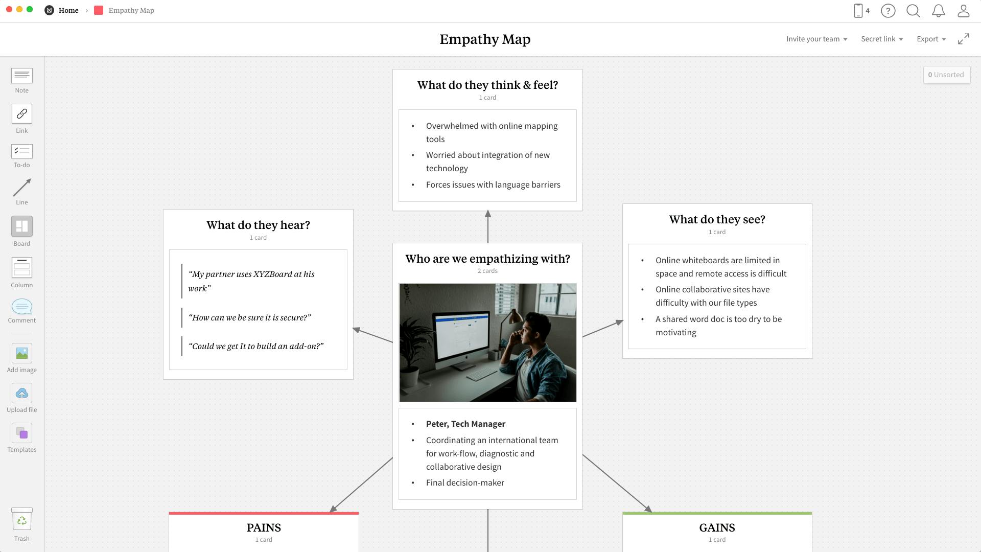 Completed Empathy Map template in Milanote app