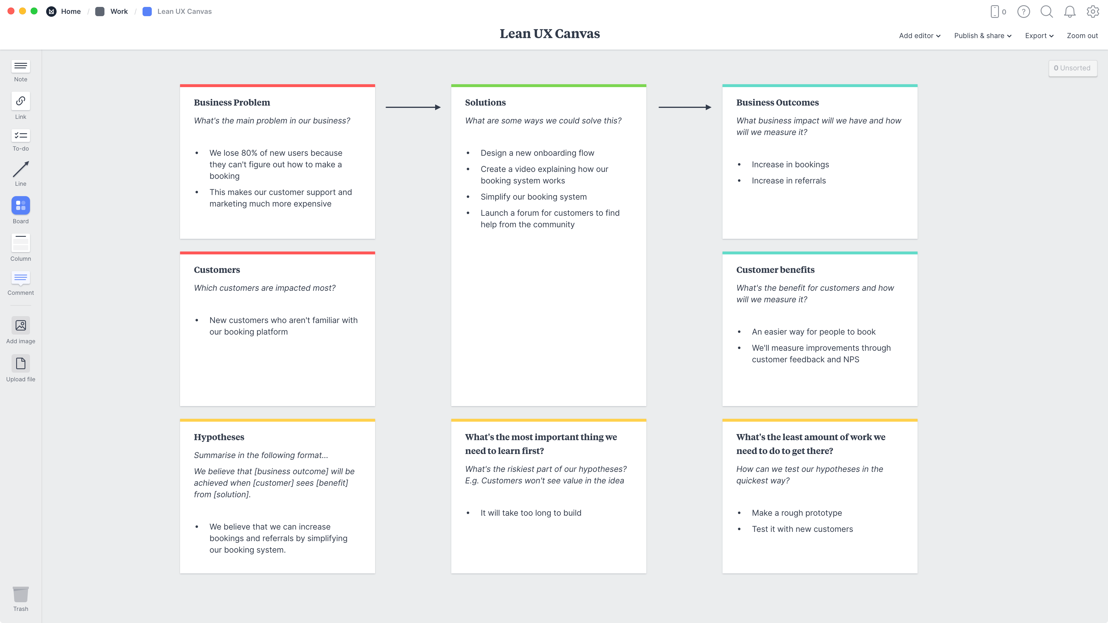 Lean UX Canvas Template, within the Milanote app