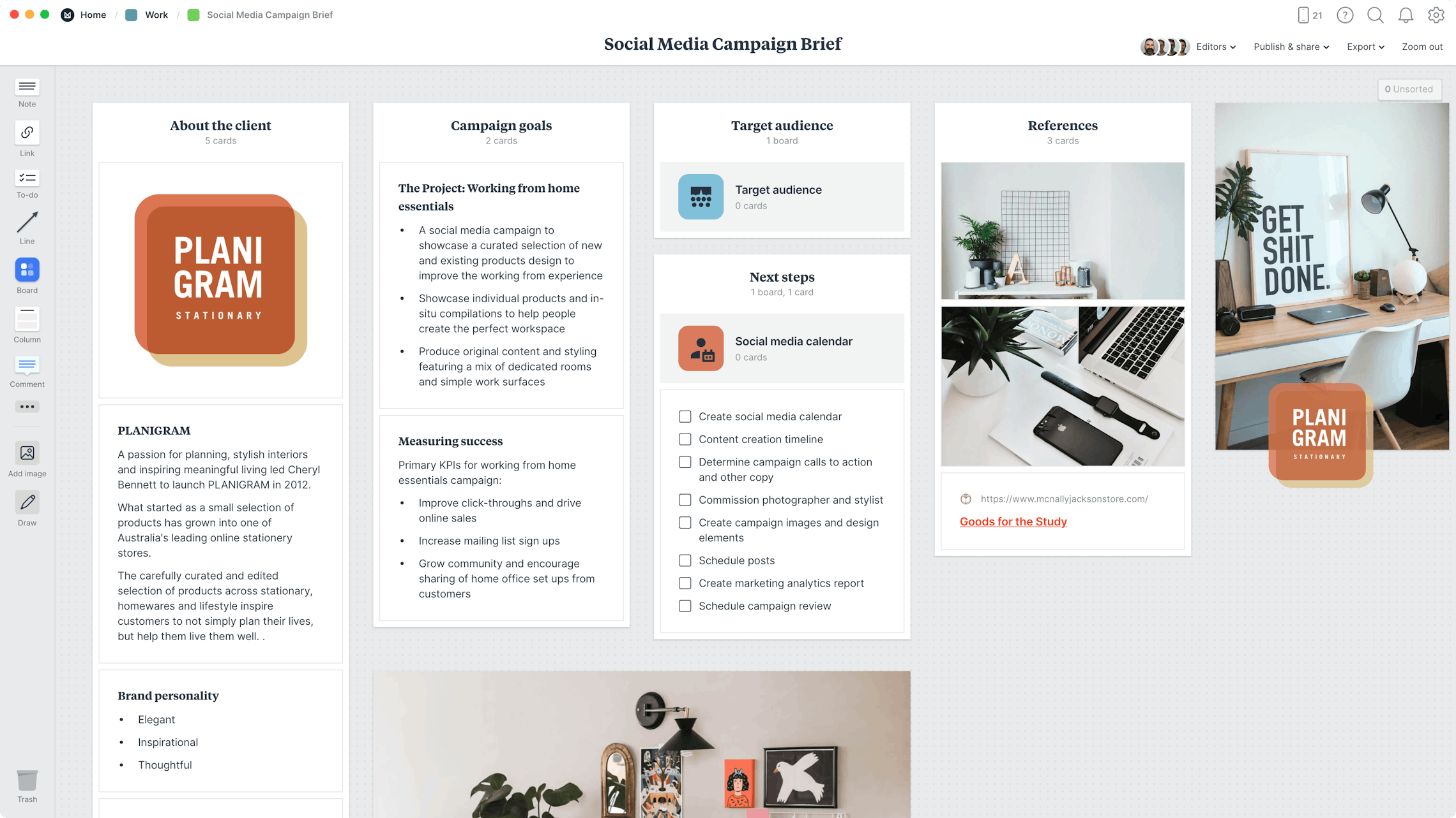 Social Media Campaign Brief Template, within the Milanote app