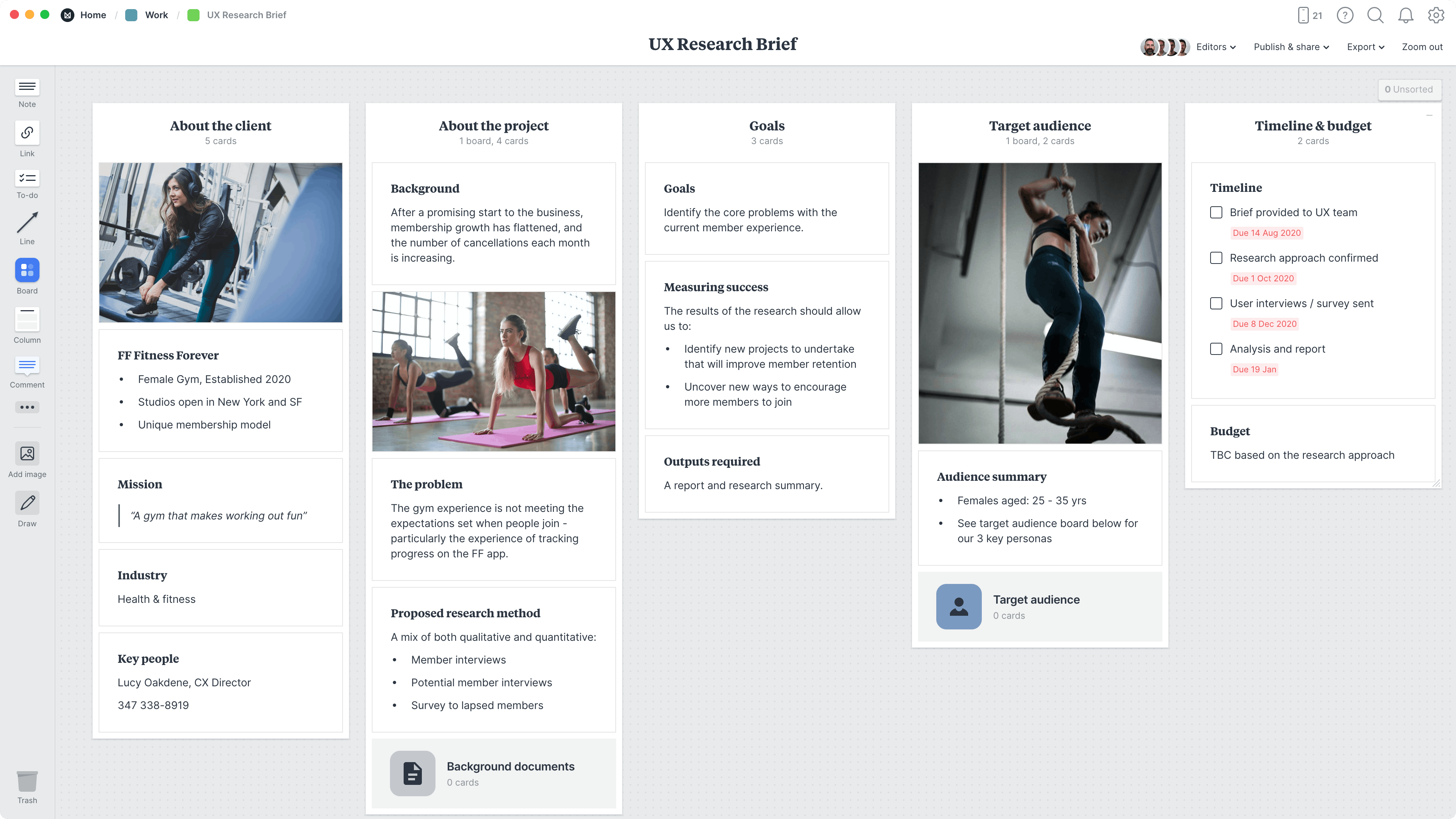 UX Research Brief Template, within the Milanote app
