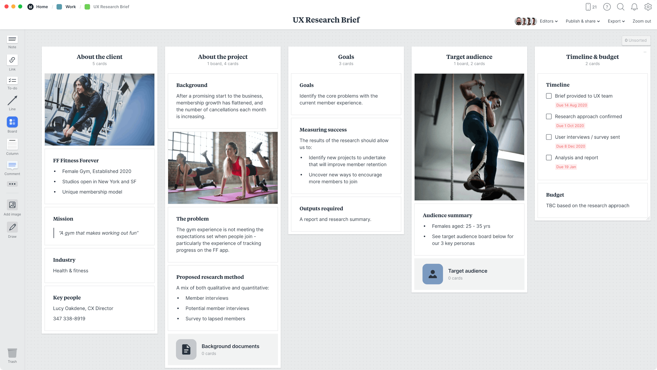 UX Research Brief Template, within the Milanote app