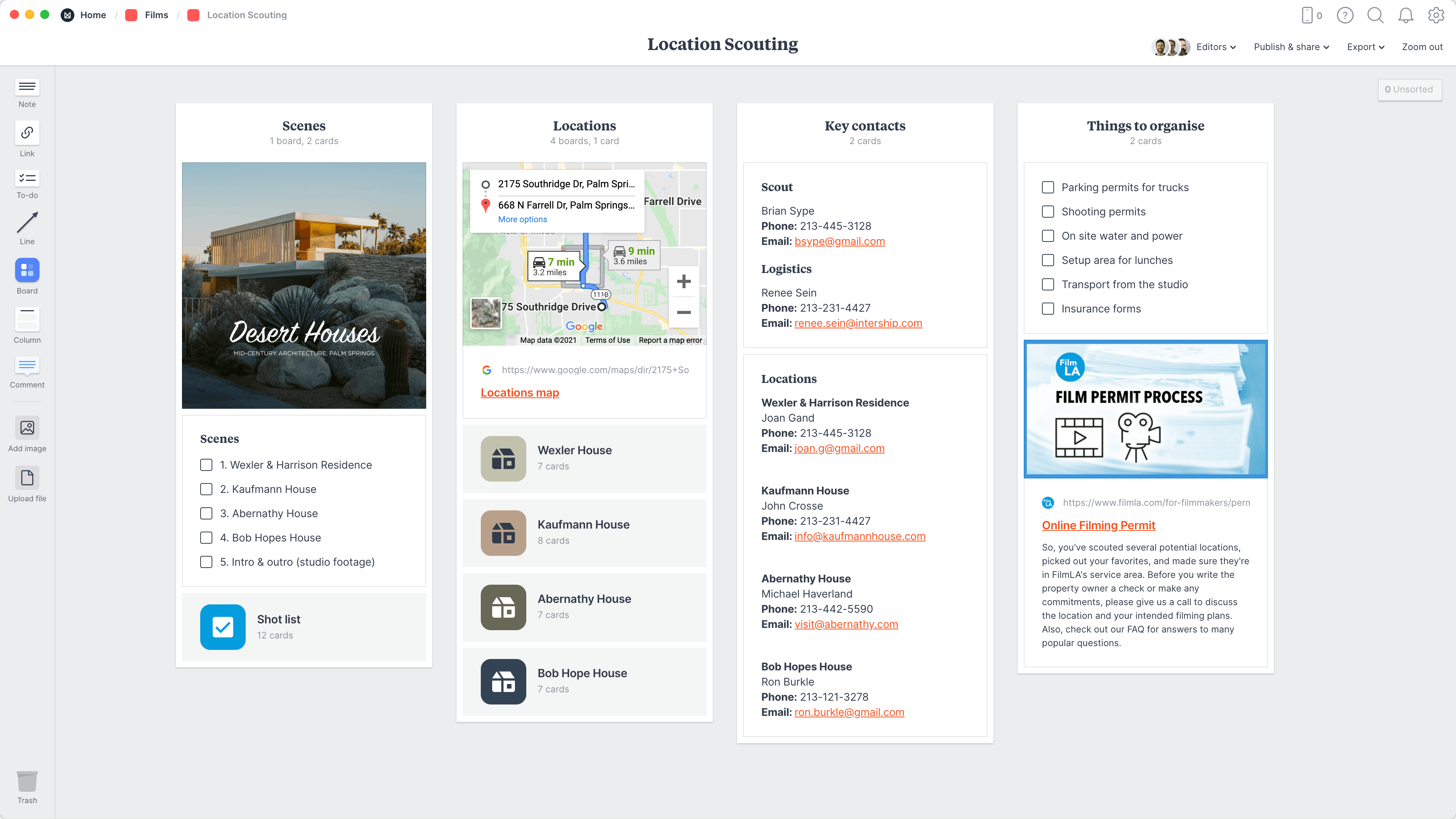 Film Location Scouting Template, within the Milanote app
