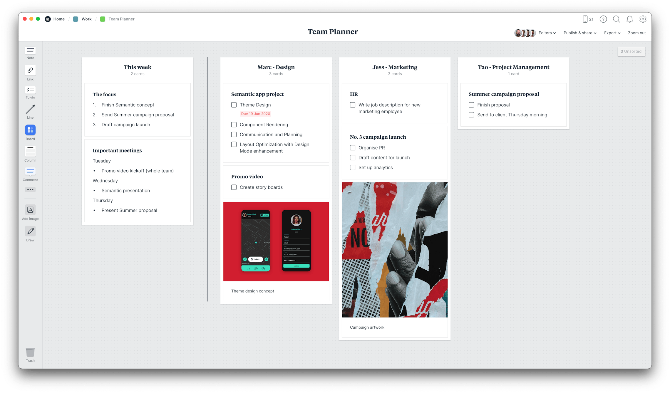 Team Planner Template, within the Milanote app