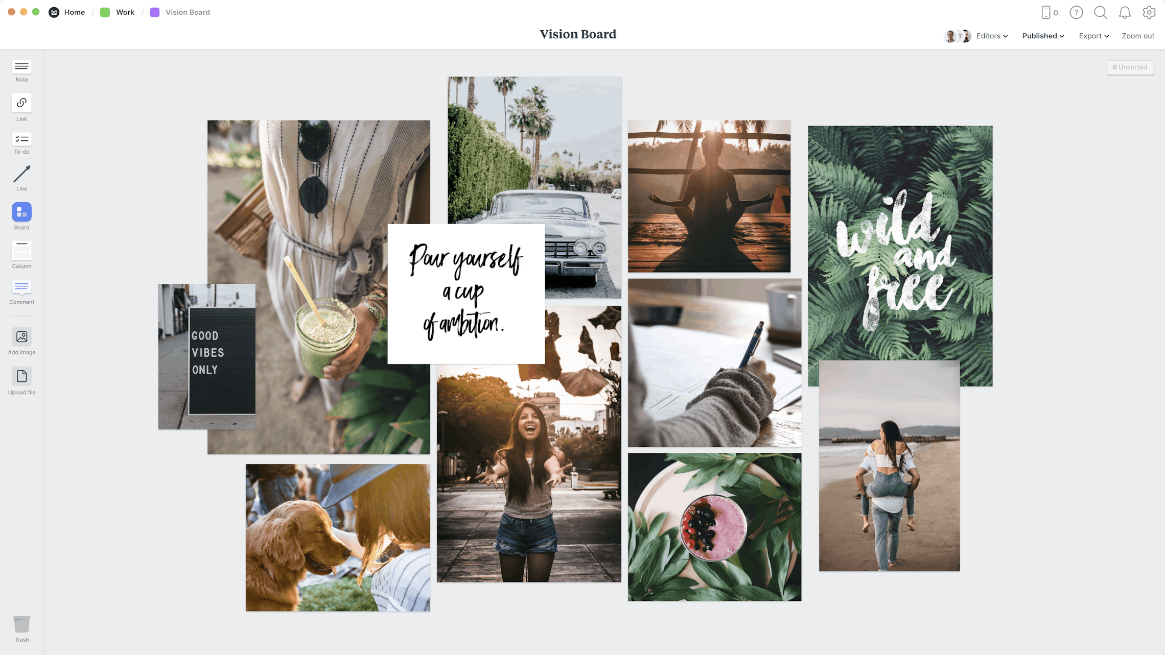 Vision Board examples for adults, within the Milanote app