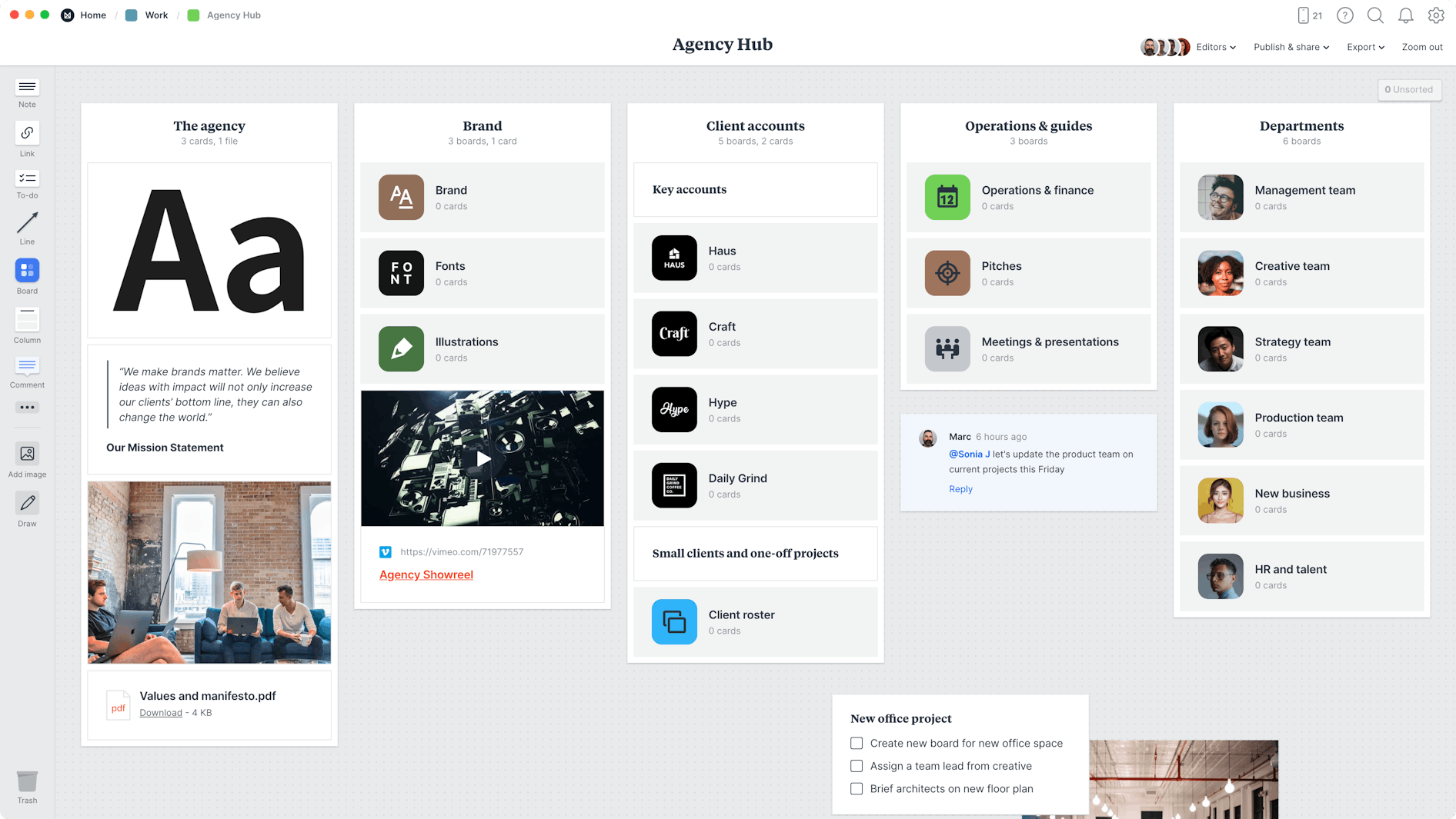 Agency Hub Template, within the Milanote app