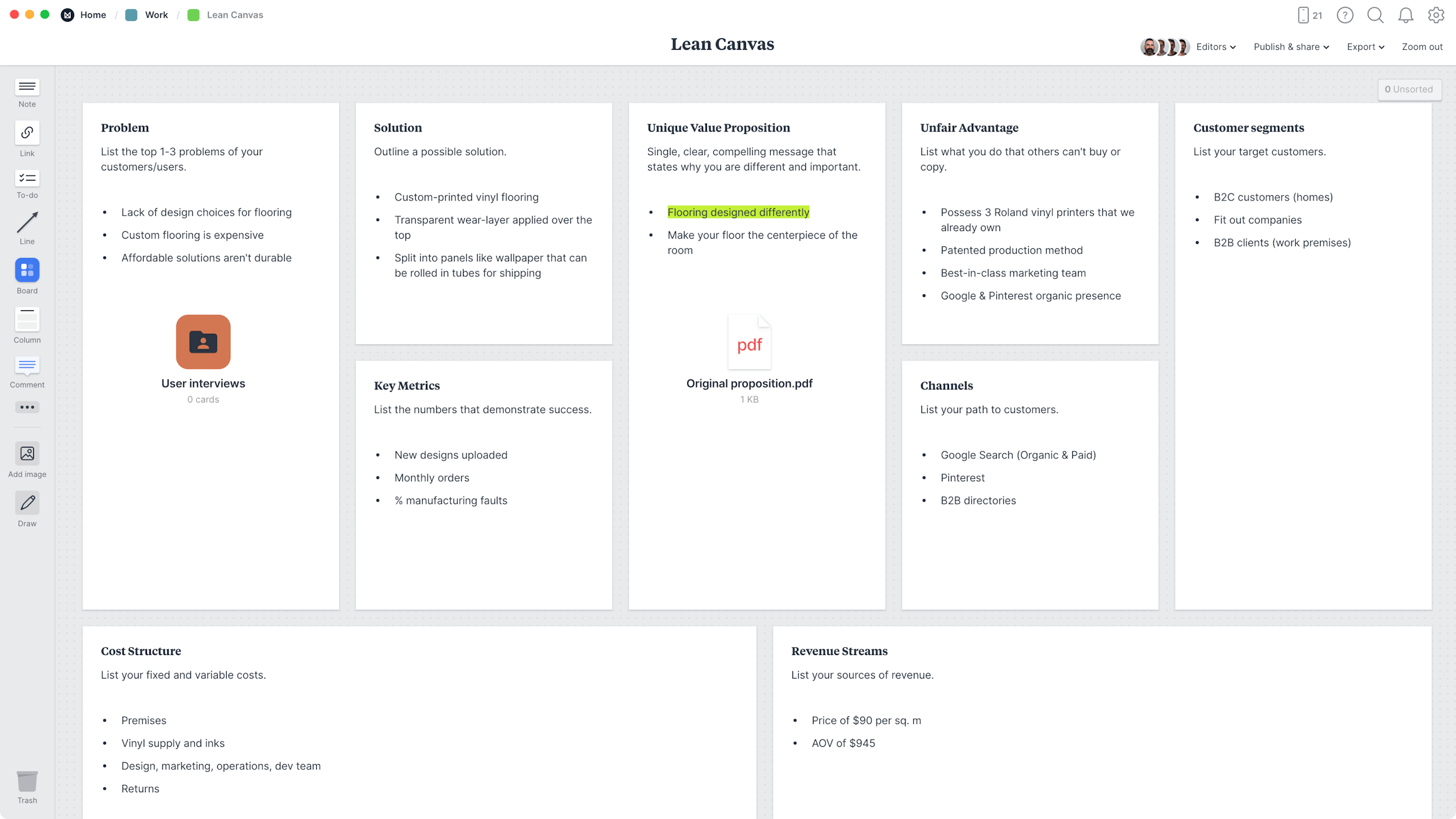 Lean Canvas Template, within the Milanote app
