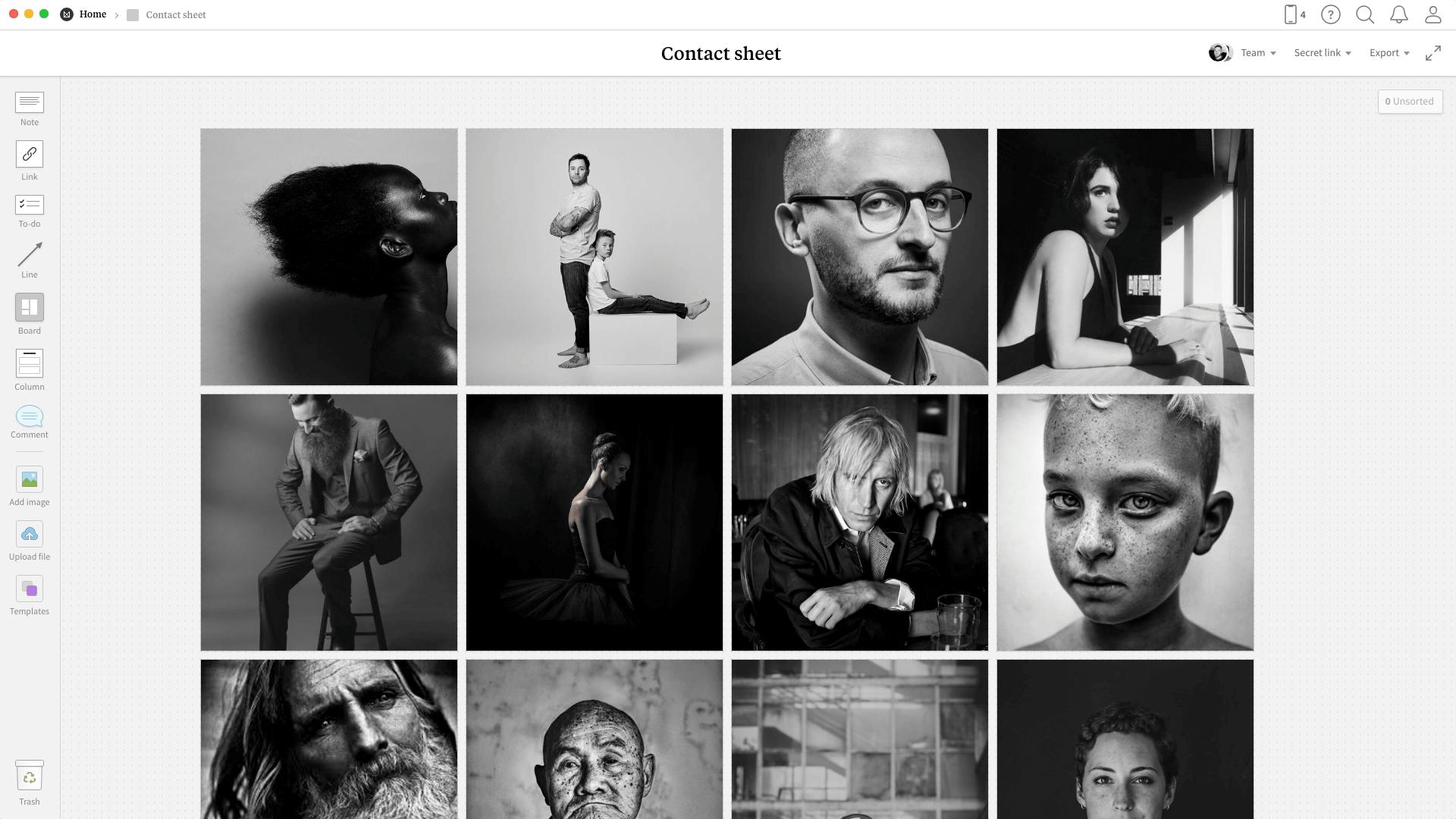 Completed Photography Contact Sheet template in Milanote app