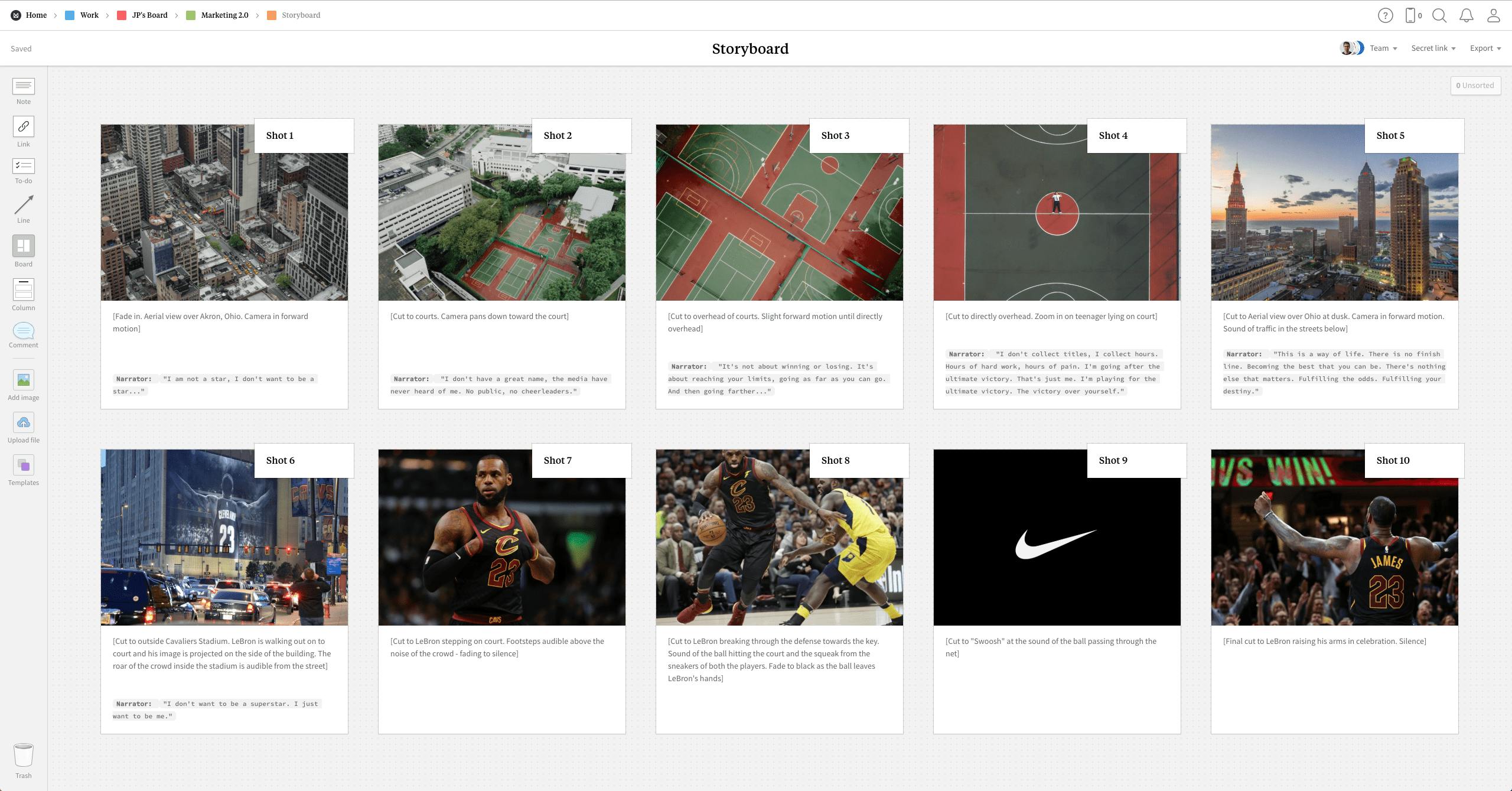 Completed Storyboard template in Milanote app