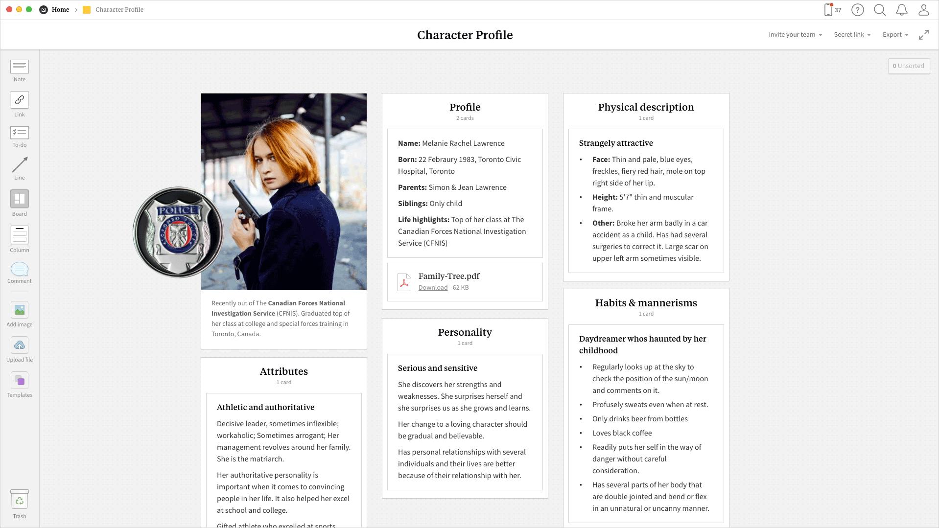 Completed Character Profile template in Milanote app