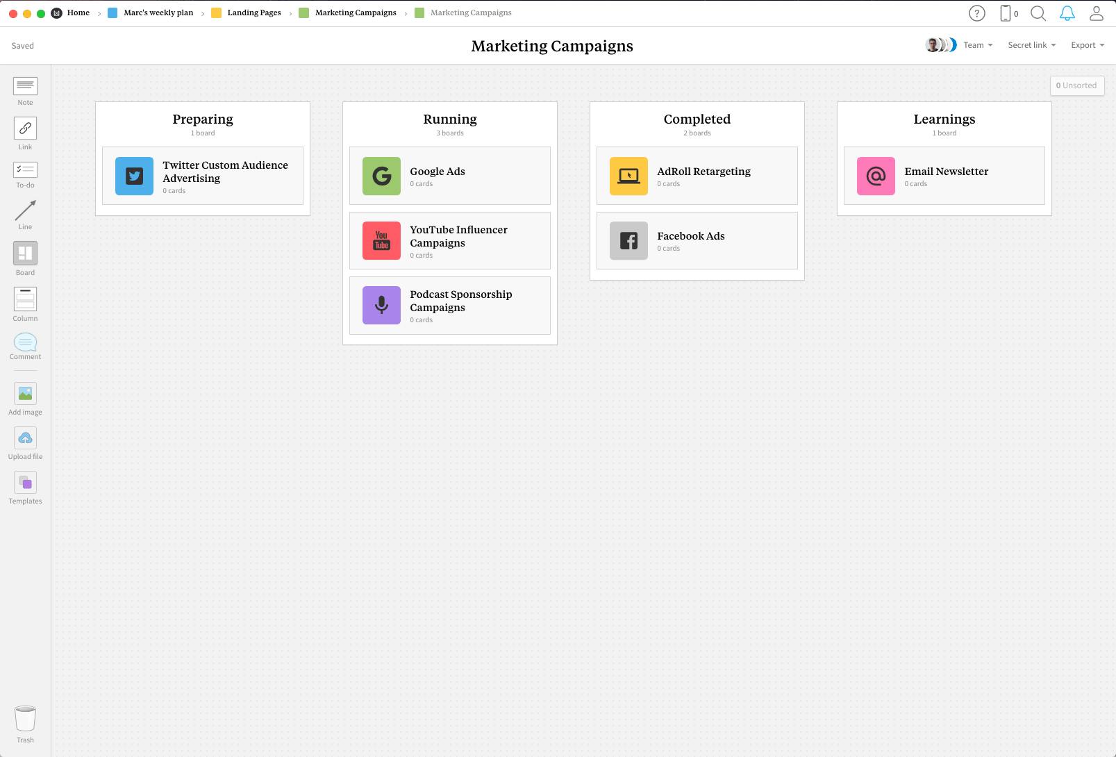 Completed Marketing Campaigns template in Milanote app
