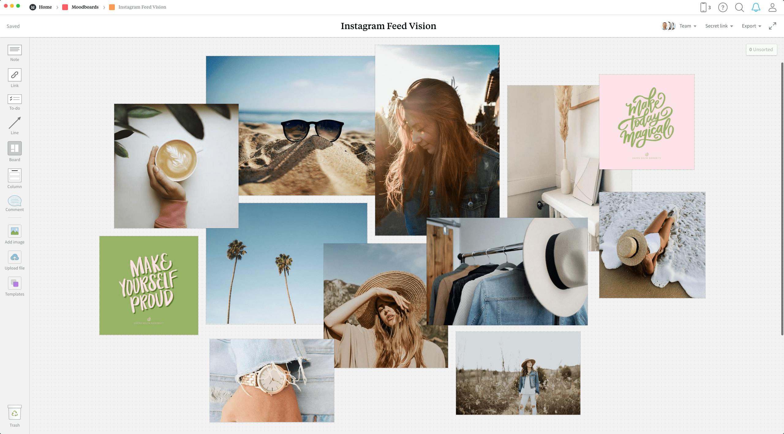 Completed Inspiration Board template in Milanote app