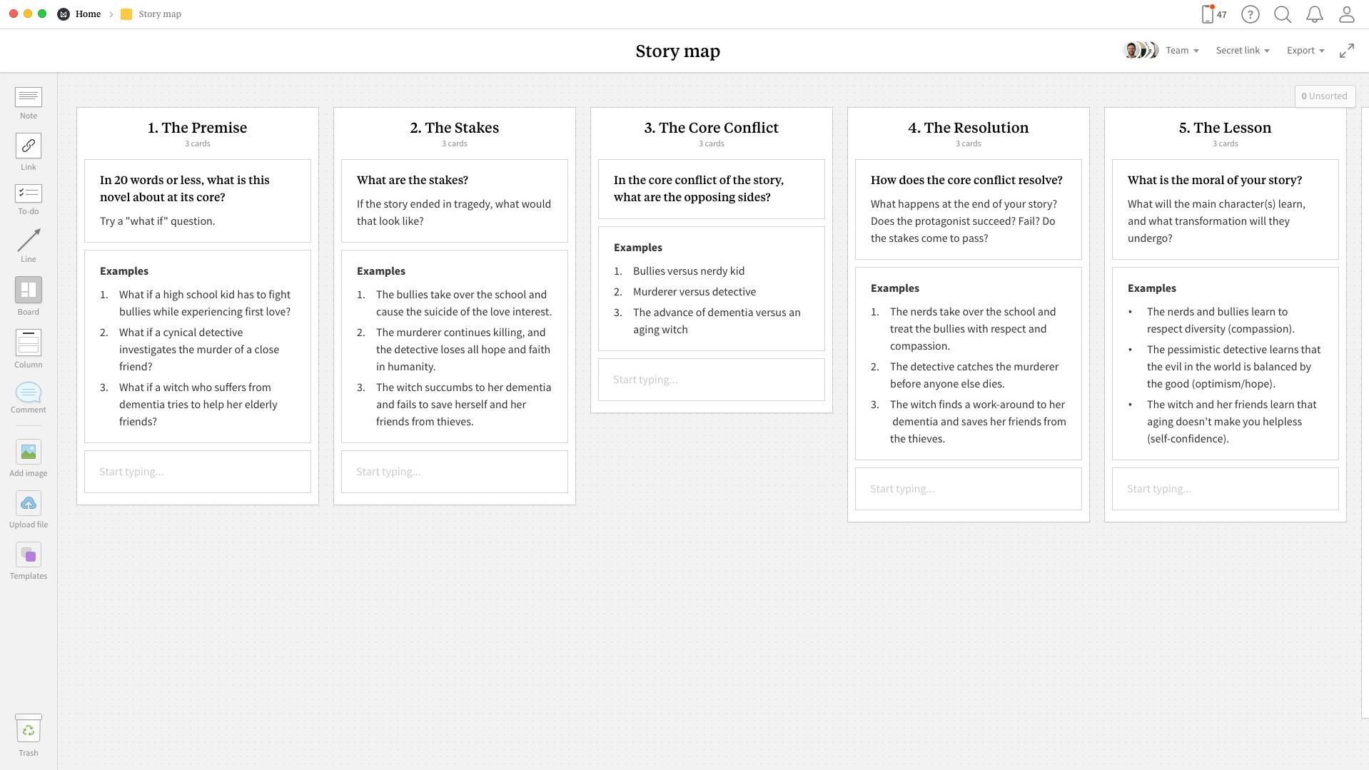 Completed Story Map template in Milanote app