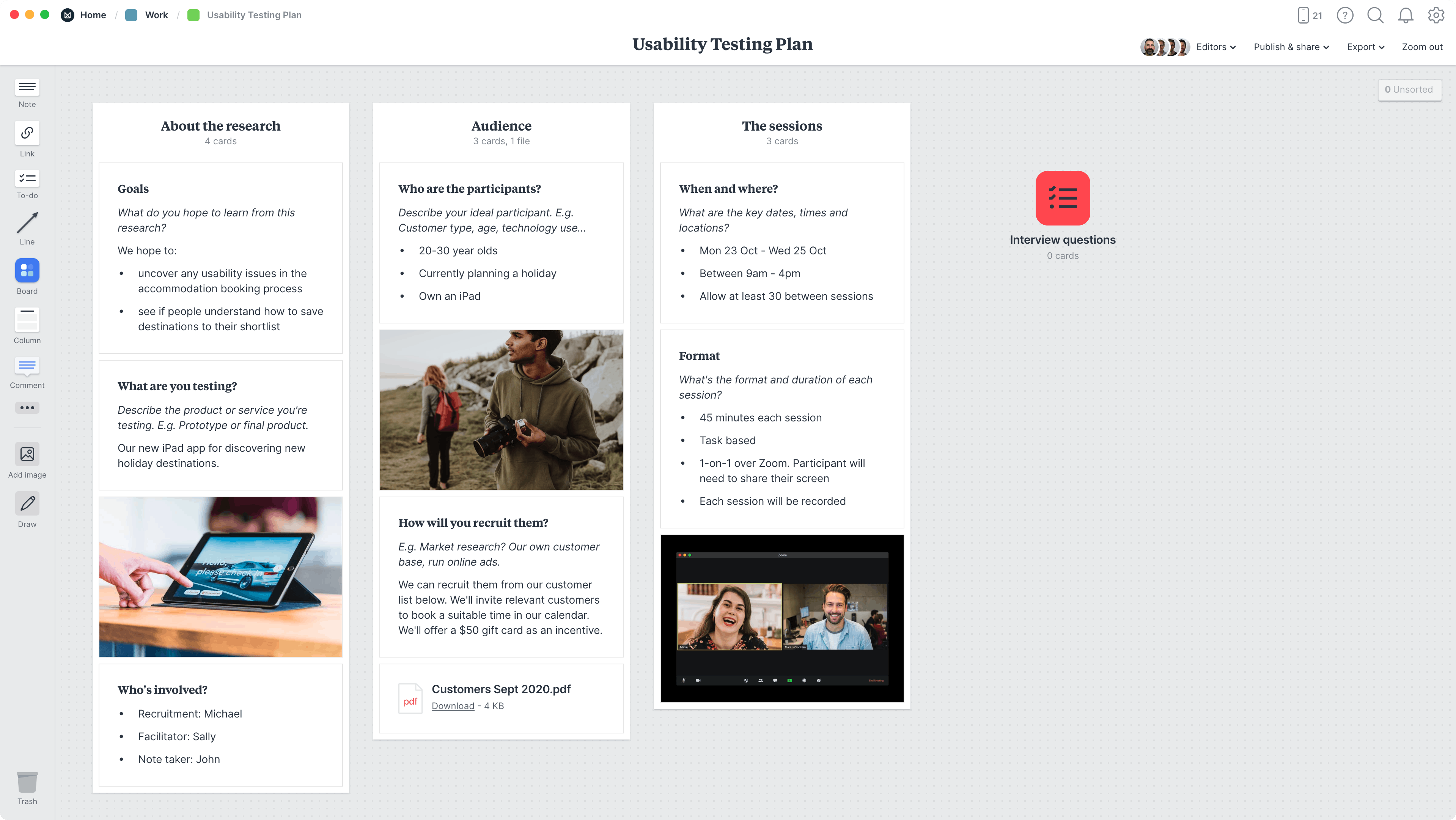 Usability Testing Plan Template, within the Milanote app