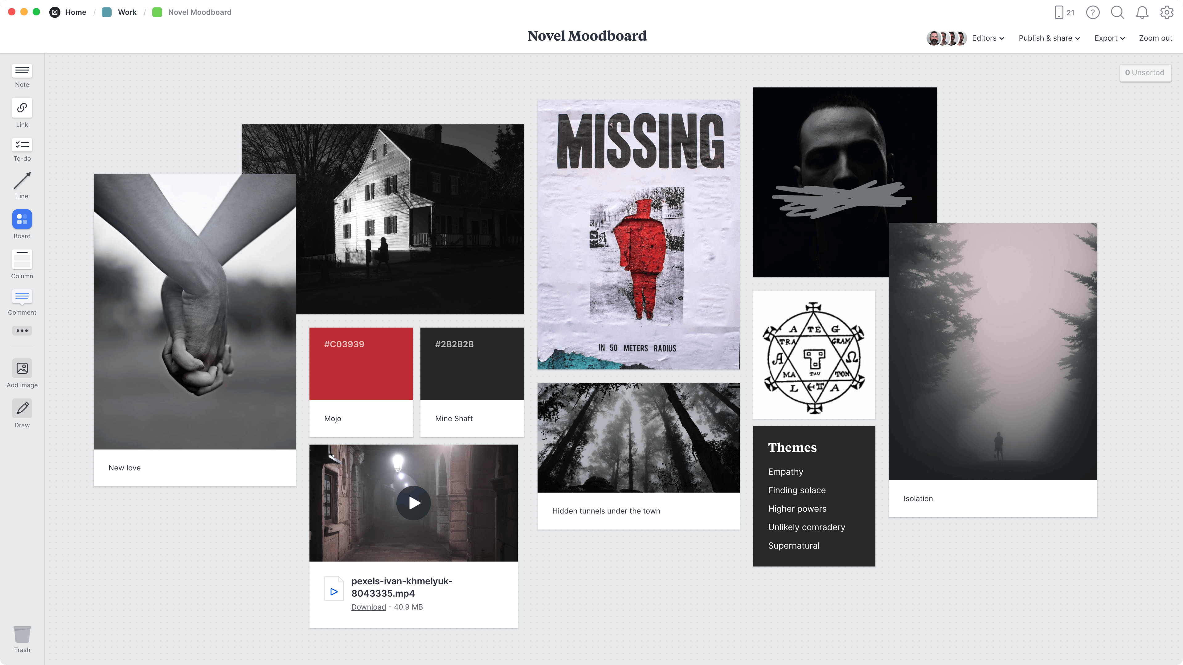 Novel Moodboard Template, within the Milanote app